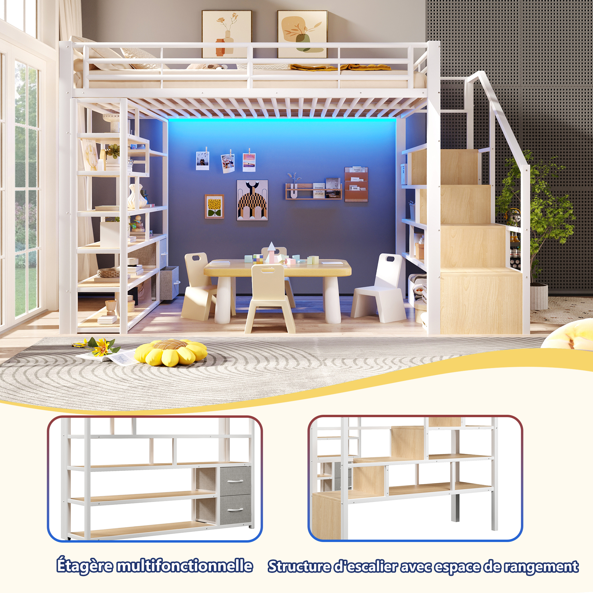 Lit mezzanine 140 x 200 cm, escalier, 2 tiroirs, éclairage LED sous le couchage, garde-corps, métal et MDF, blanc, 252 x 145 x 170 cm - points forts 1