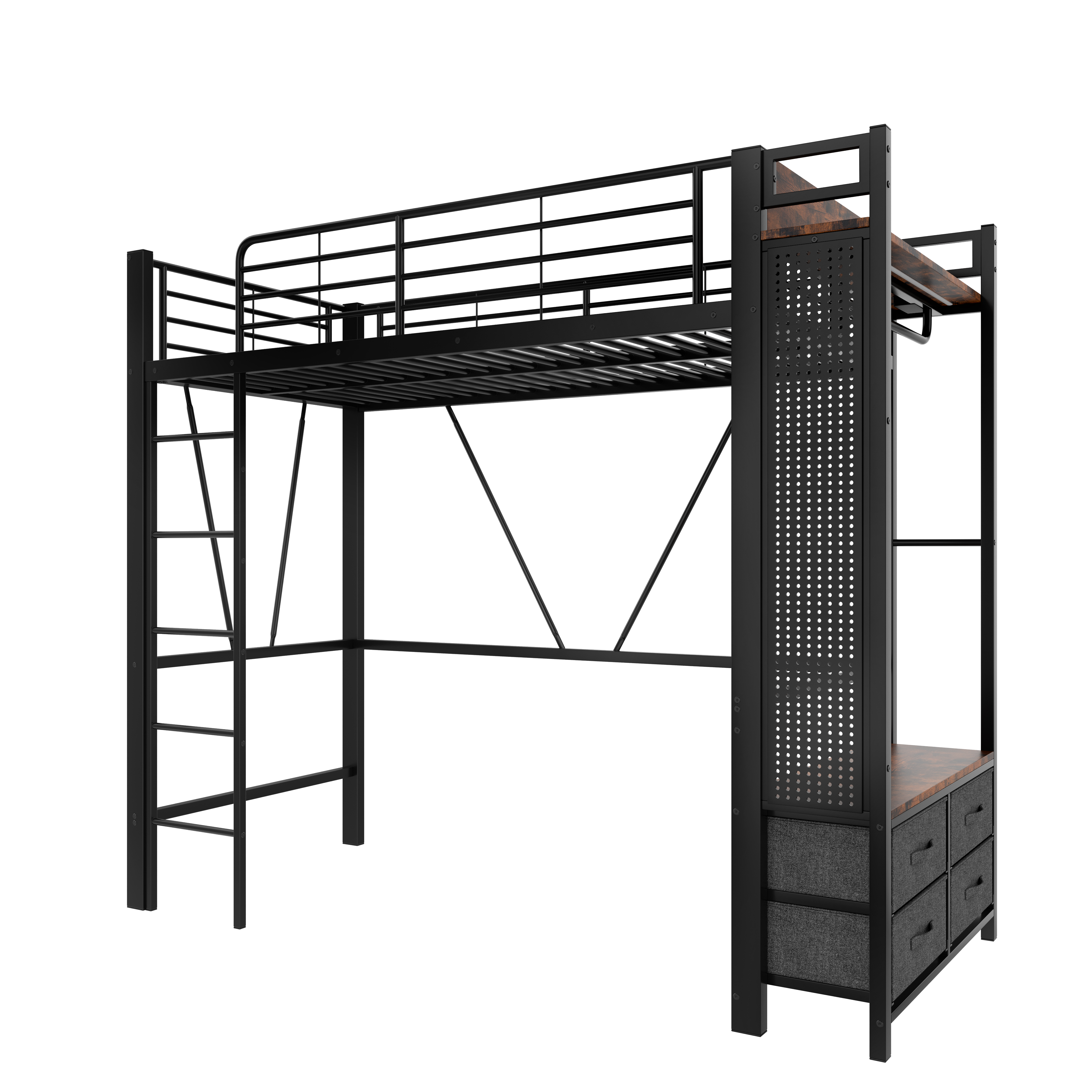 Lit en fer et MDF avec tringles suspendues, 4 tiroirs, pour chambre, structure forte, beaucoup de rangement vertical, utilisation optimale espace, design fonctionnel, style moderne, stabilité, durabilité - image 7