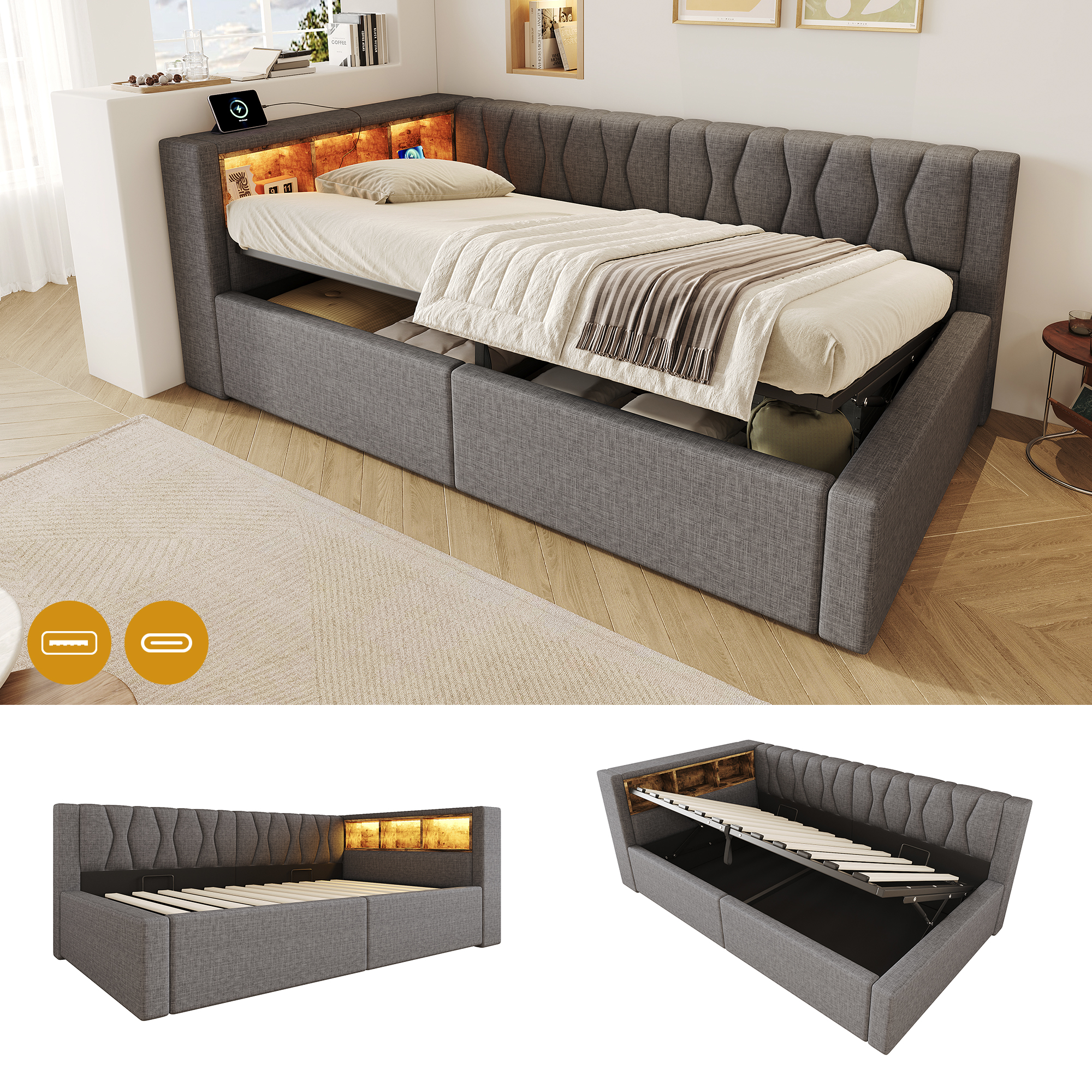 Lit banquette rembourré en lin 90 x 200 cm avec rangement hydraulique, LED et ports USB-C, Gris, sans matelas