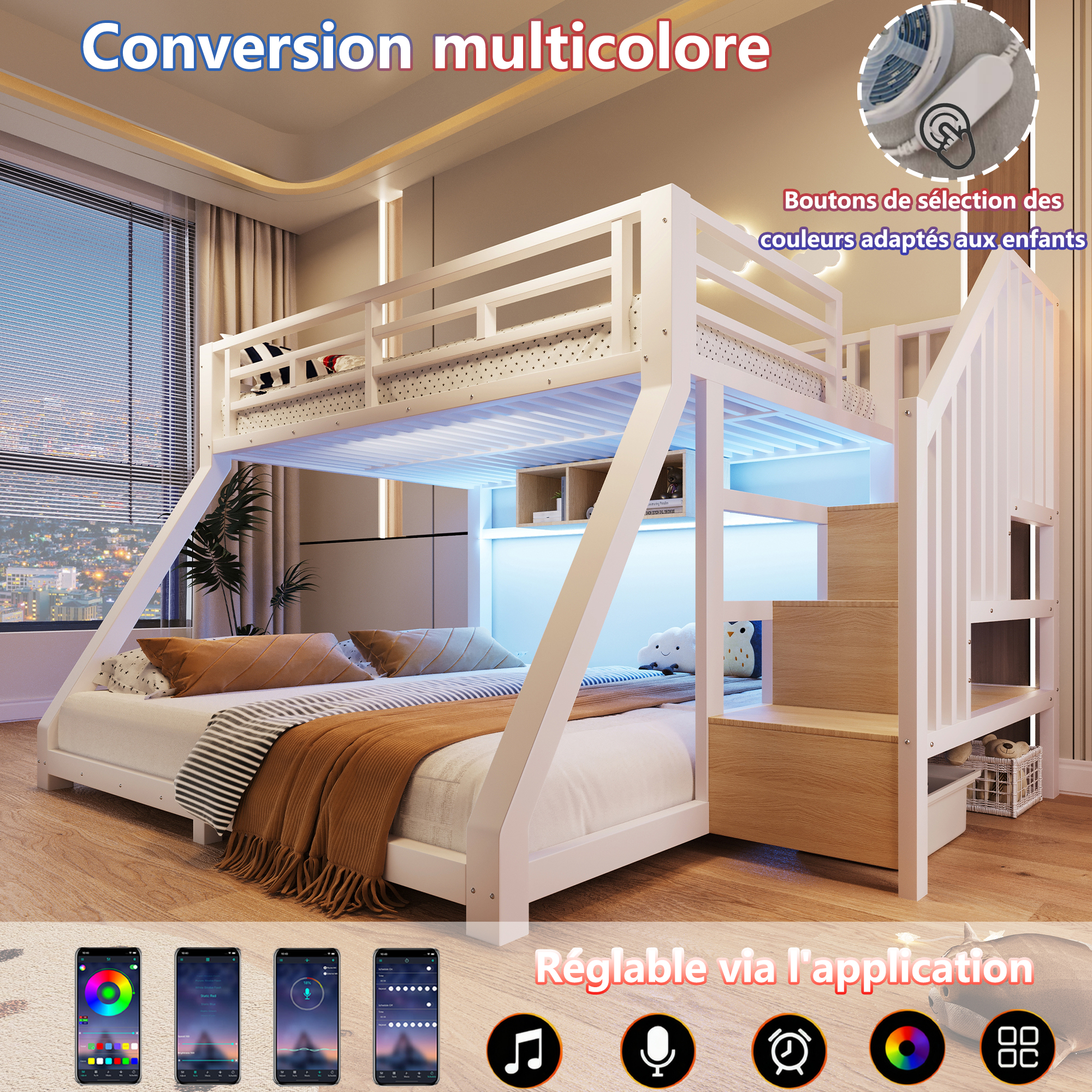 Lit superposé 140 x 200 cm avec éclairage LED, rangements intégrés, blanc - spécifications 1