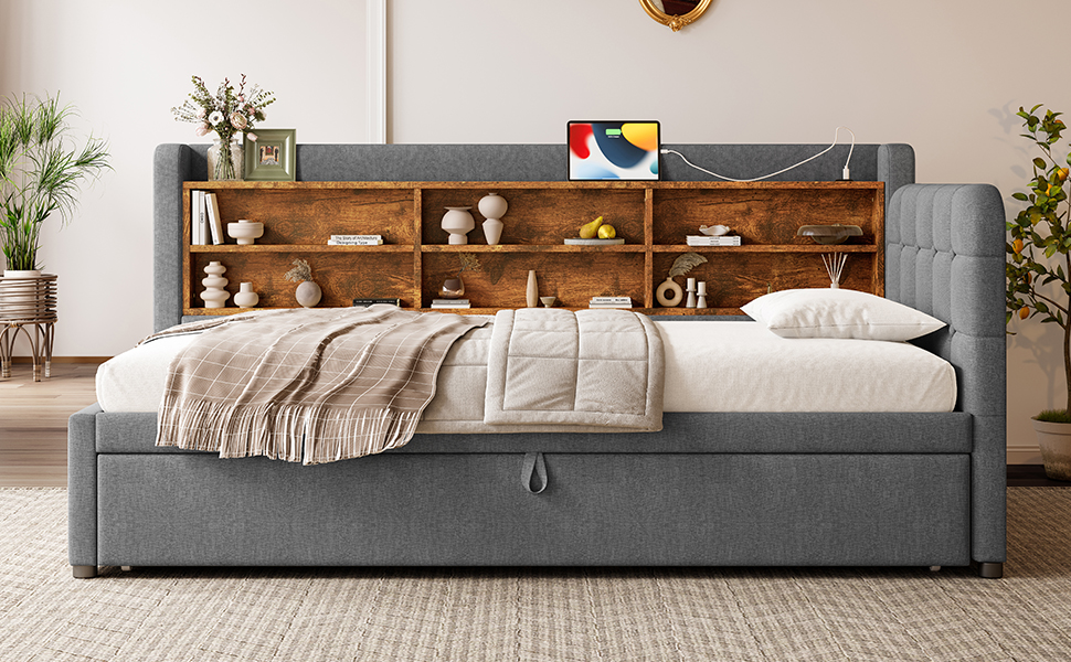 Lit en chanvre et MDF avec escamotable 180×200 cm, USB + Type-C, tête à boutons faite main, style rétro, pour petit appartement, matériau écologique, couchage spacieux, recharge au lit, design élégant, confort, fonctionnalité - image 20