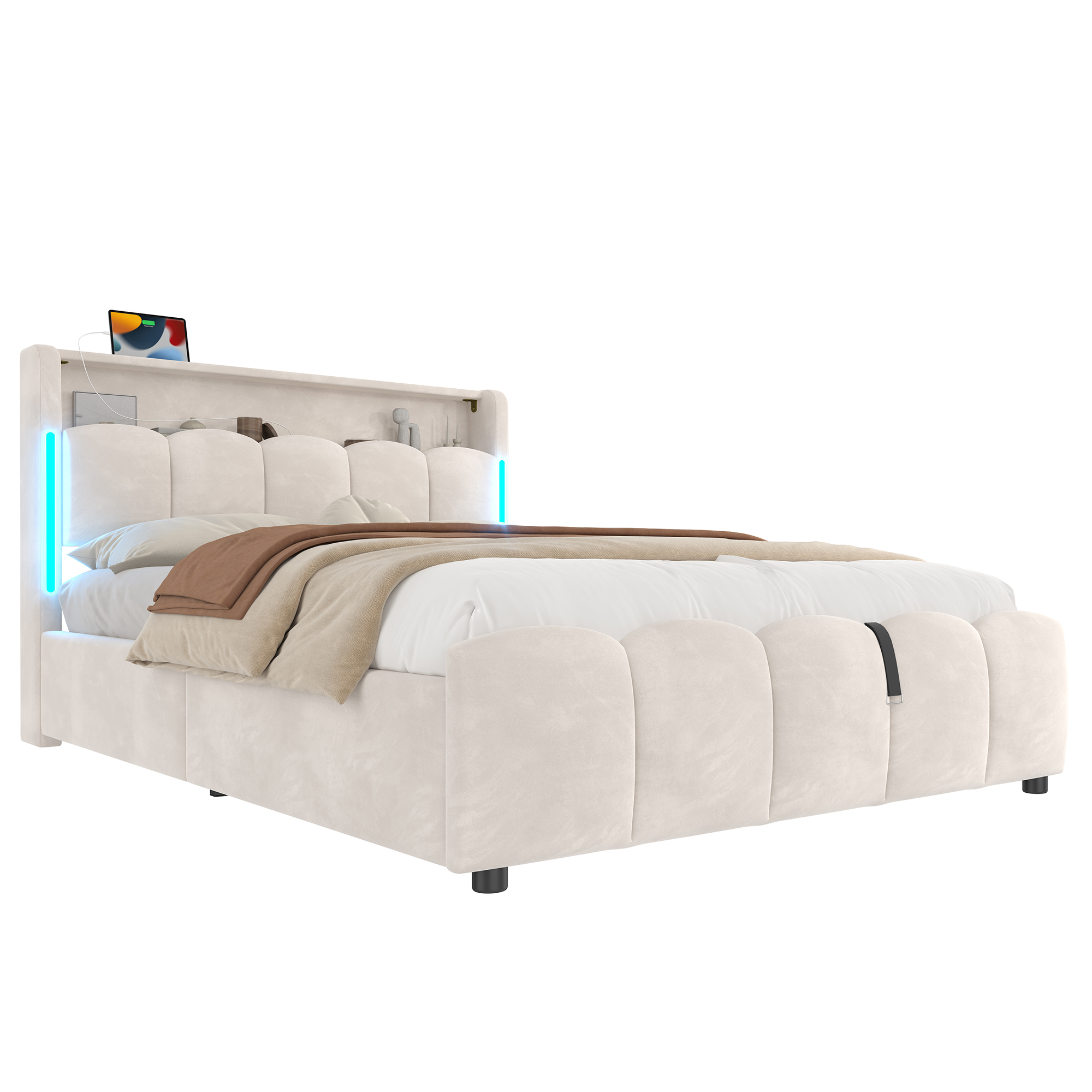 Détails de Lit coffre rembourré en velours 140 x 200 cm avec rangement hydraulique, LED, ports USB-C et tête de lit avec rangement, Beige, sans matelas