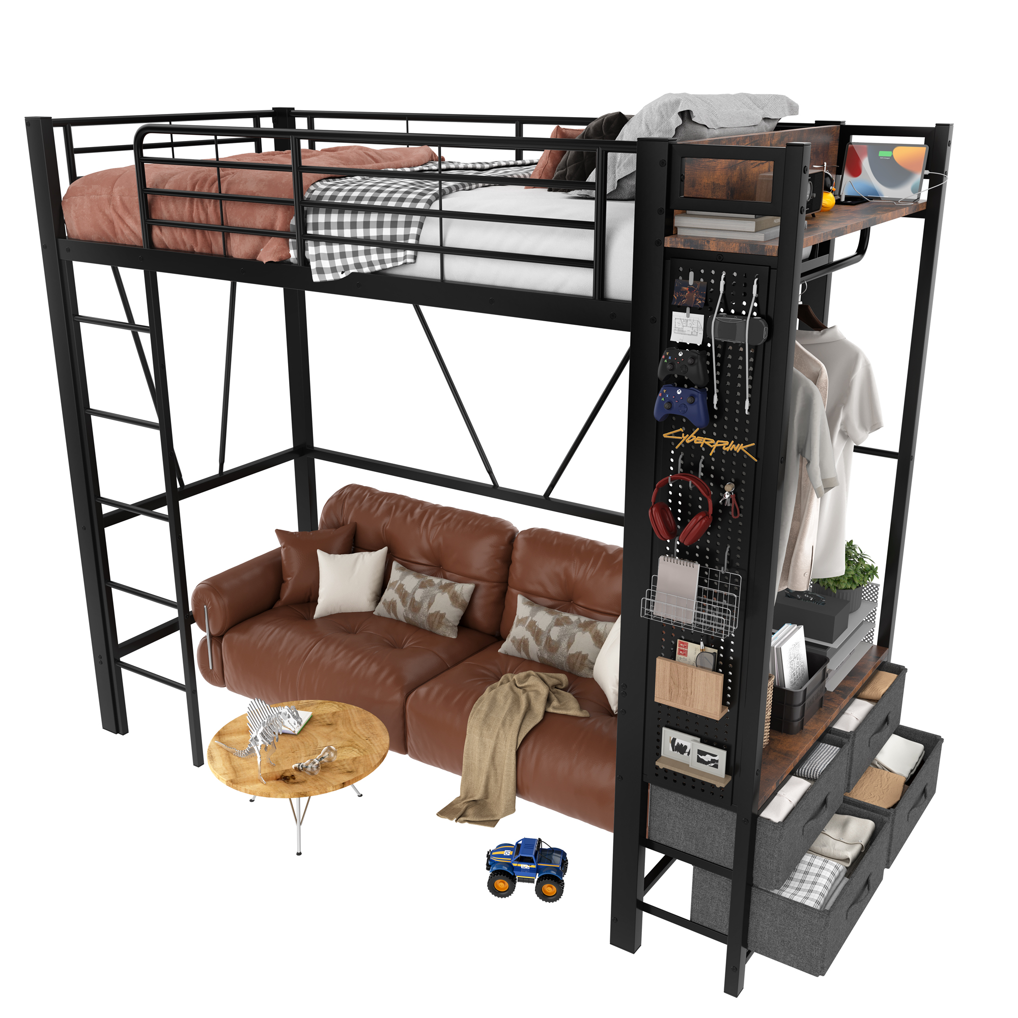 Lit en fer et MDF avec tringles suspendues, 4 tiroirs, pour chambre, structure forte, beaucoup de rangement vertical, utilisation optimale espace, design fonctionnel, style moderne, stabilité, durabilité - image 5