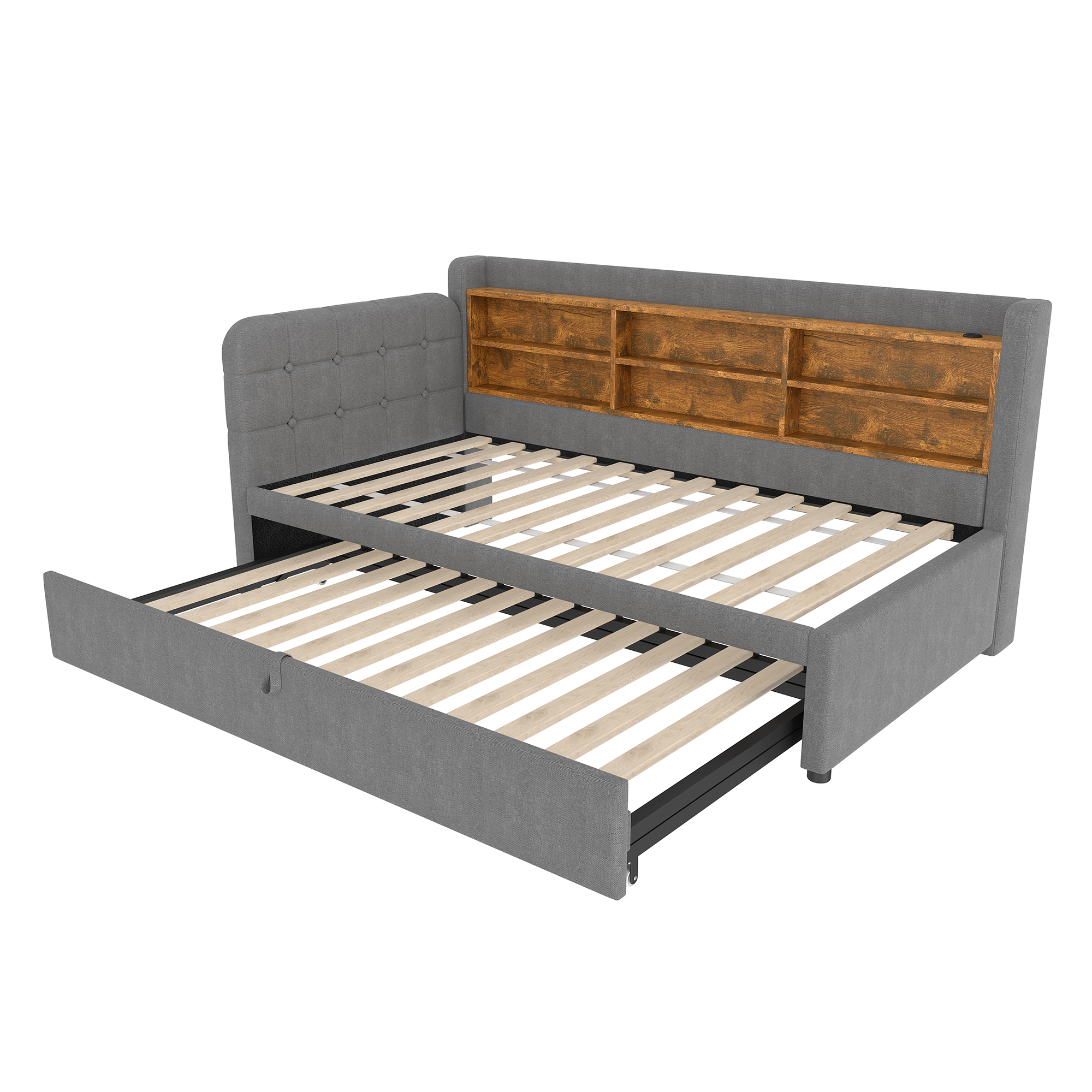 Lit en chanvre et MDF avec escamotable 180×200 cm, USB + Type-C, tête à boutons faite main, style rétro, pour petit appartement, matériau écologique, couchage spacieux, recharge au lit, design élégant, confort, fonctionnalité - image 13