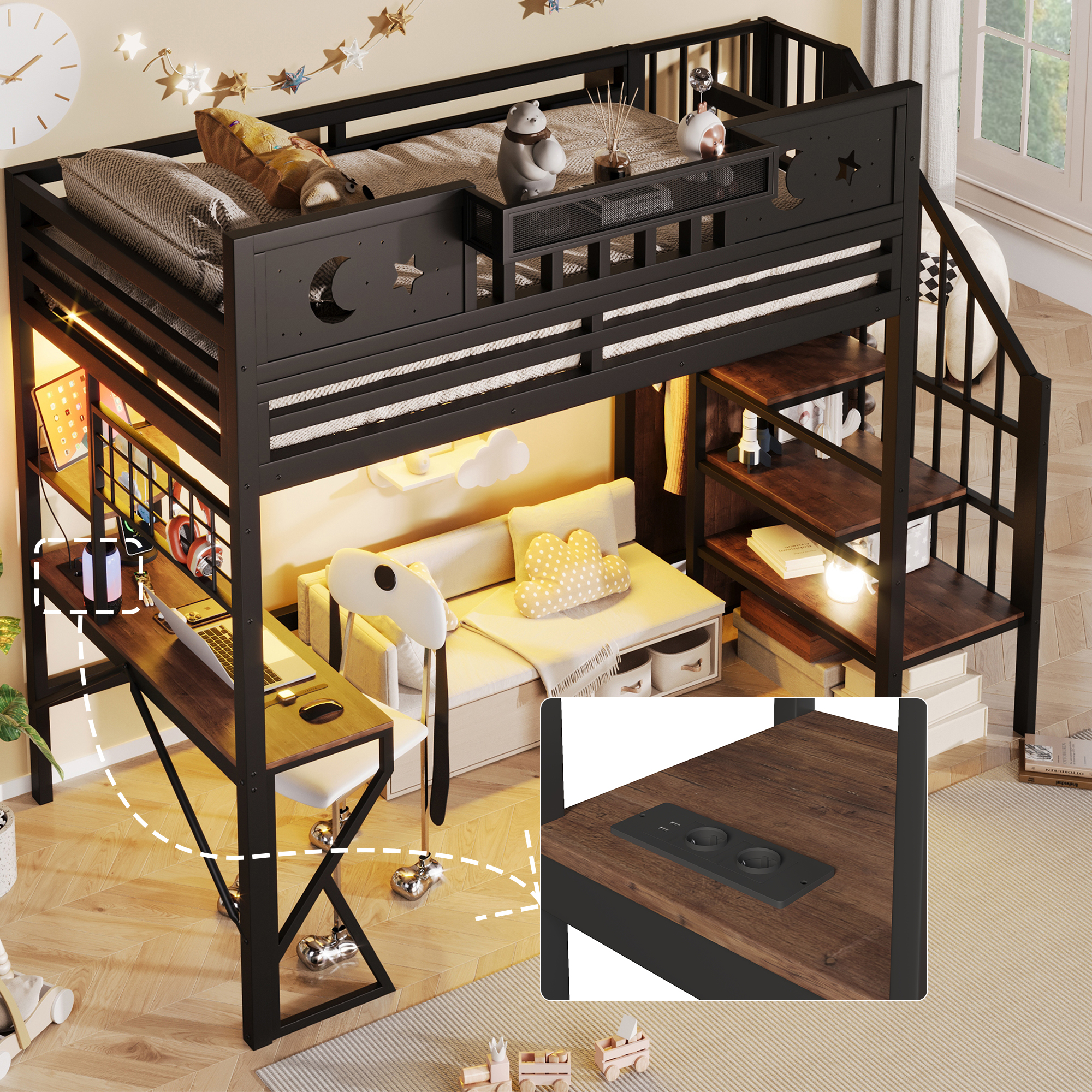 Lit mezzanine 90 x 200 cm, bureau intégré, échelle, éclairage LED au niveau du bureau, prise intégrée, métal et MDF, noir, 255 x 109 x 187 cm - vue principale 1