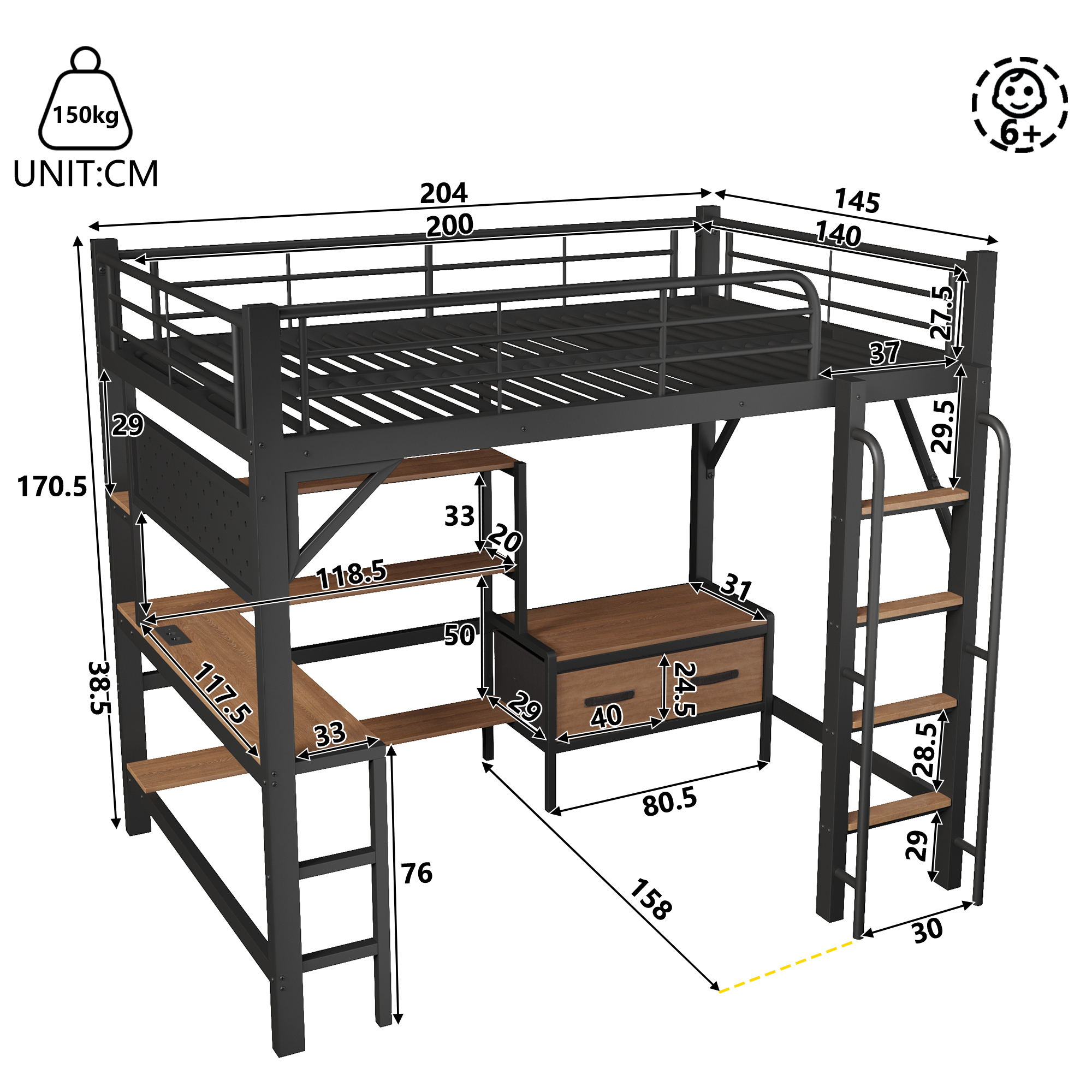 Lit mezzanine 140 x 200 cm avec éclairage LED, port USB / Type-C, prises intégrées, rangements intégrés, bureau intégré, noir - vue complémentaire 1