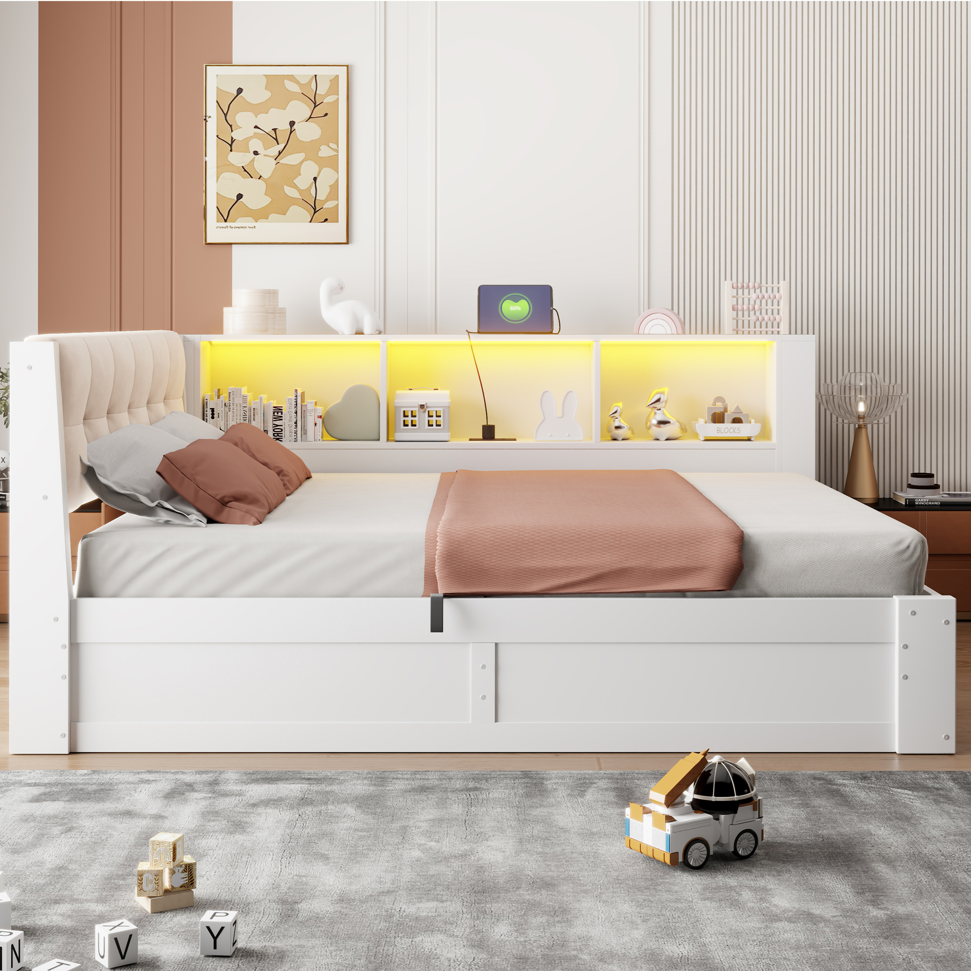 Canapé convertible, ports USB, éclairage led, intensité réglable, prises et recharge intégrées, 209 x 165 x 83 cm, tissu effet lin et bois, blanc - vue 4