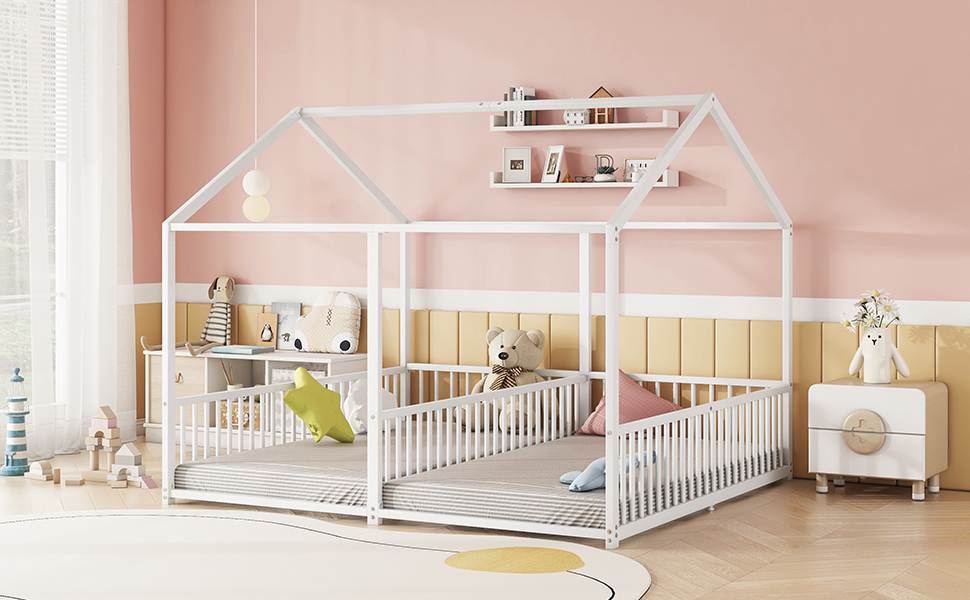 Lit jumeaux enfant en fer 2×90×200 cm en forme de maison, barrières sécurité, pour famille avec 2 enfants, design créatif, indépendance de couchage, stabilité, sécurité, style ludique, décoration - image 19