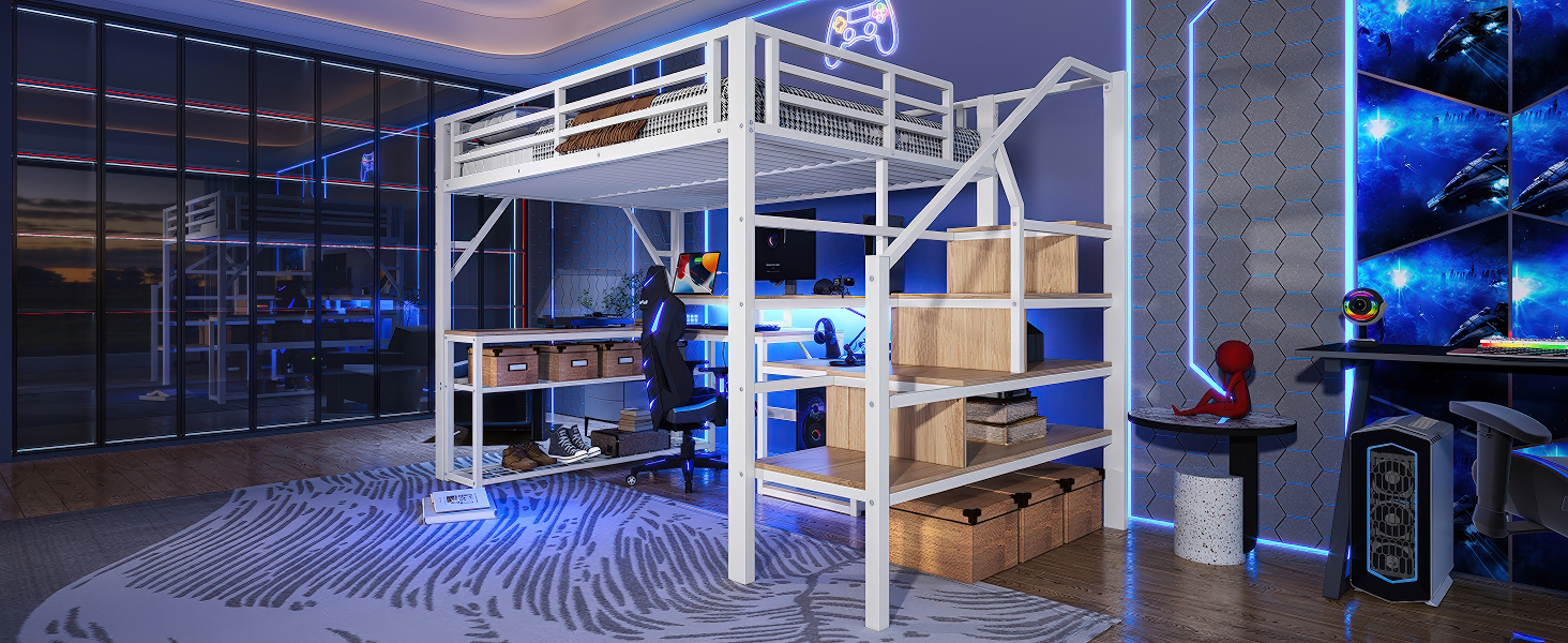 Lit mezzanine moderne 140x200 cm avec bureau et rangements