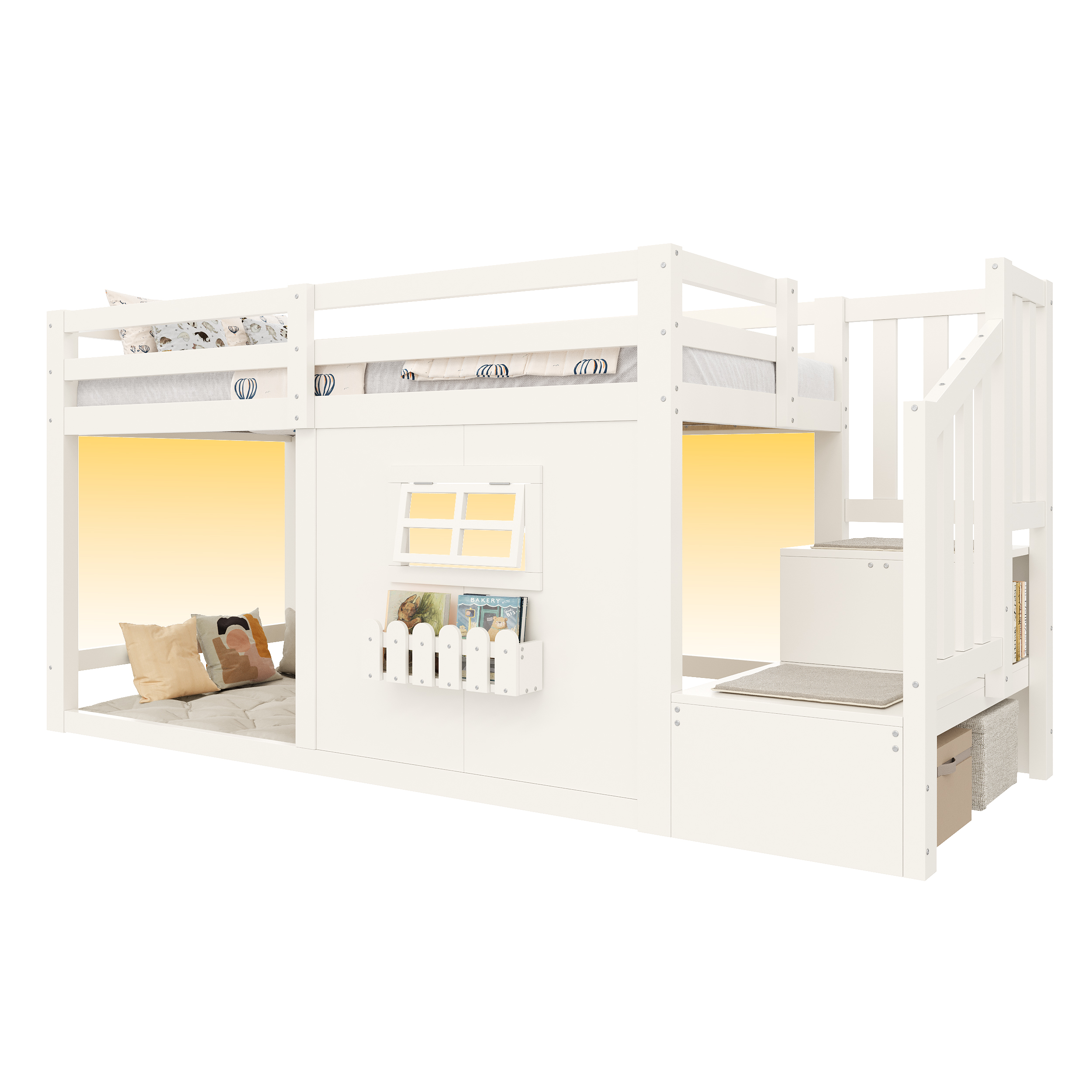 Détails de Lit mezzanine en bois 90 x 200 cm avec éclairage LED, escalier avec rangements et barrières de sécurité, Blanc, sans matelas