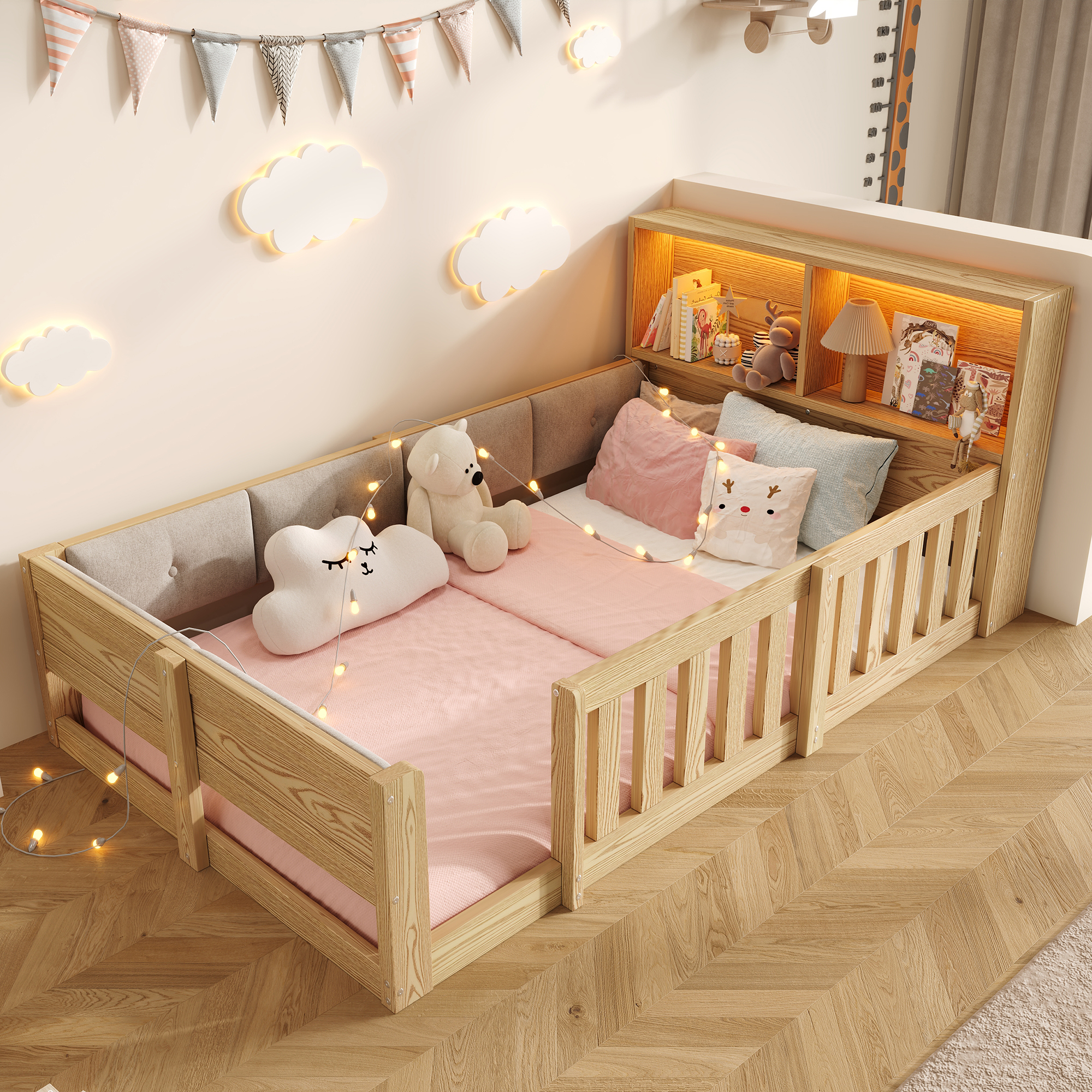 Lit enfant 90 x 200 cm avec LED et protection rembourrée, Naturel, sans matelas