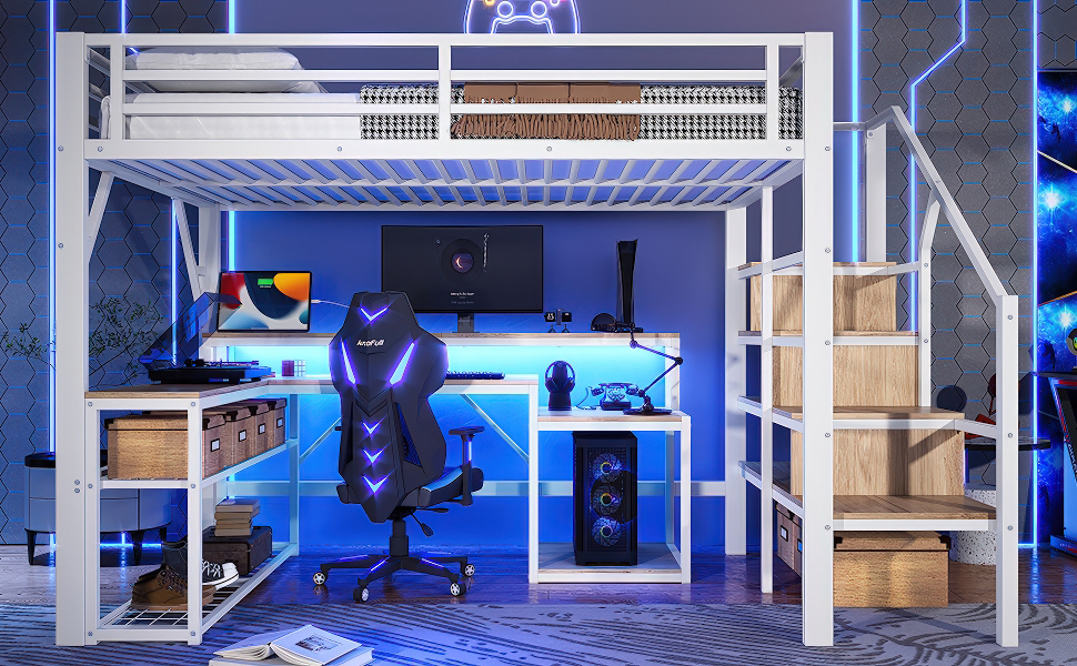 Lit mezzanine fer et MDF avec LED contrôlable app, USB, étagères et compartiments, pour chambre d'enfant et étude, structure stable, ambiance lumineuse, beaucoup de rangement, design moderne, sécurité - image 19