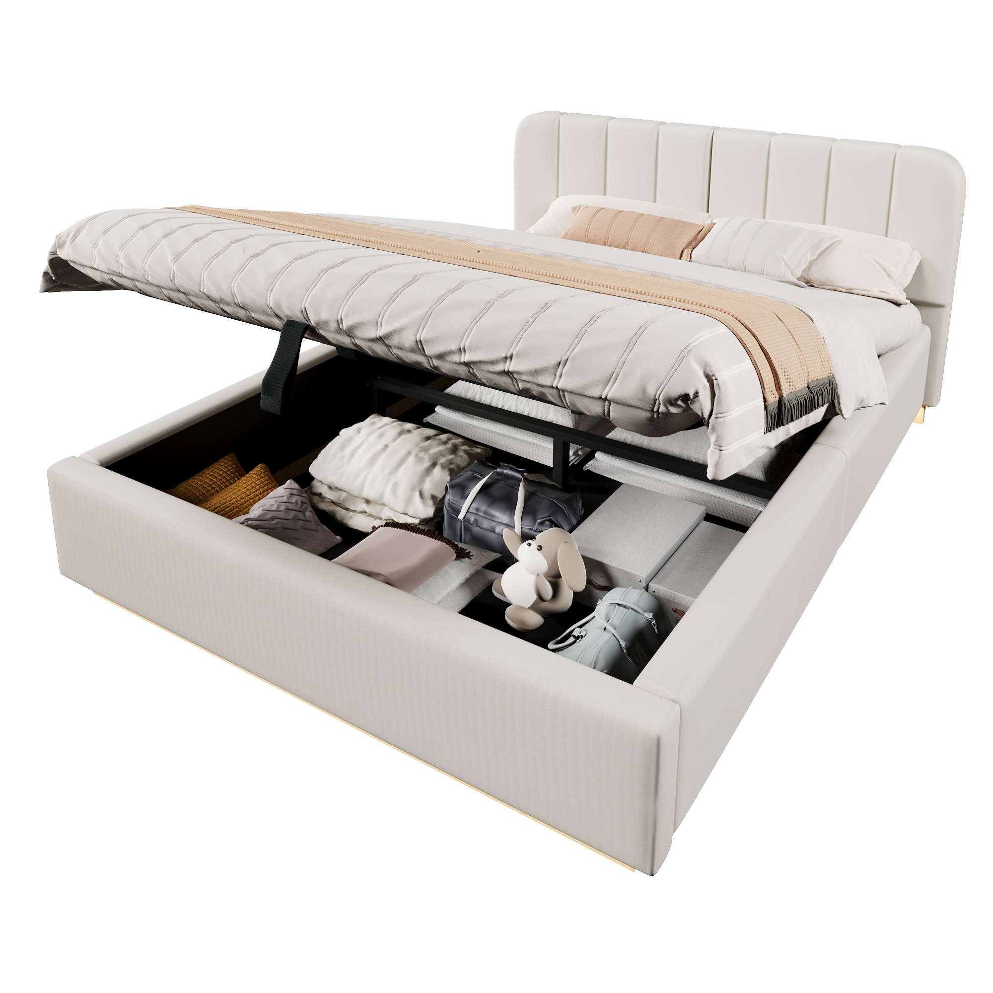Détails de Lit coffre rembourré en chenille 140 x 200 cm avec rangement hydraulique, LED et sommier à lattes, Beige, sans matelas