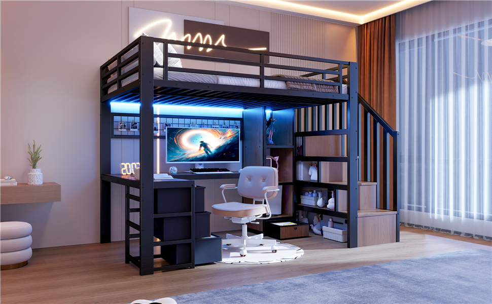 Lit mezzanine enfant avec bureau et LED RGB