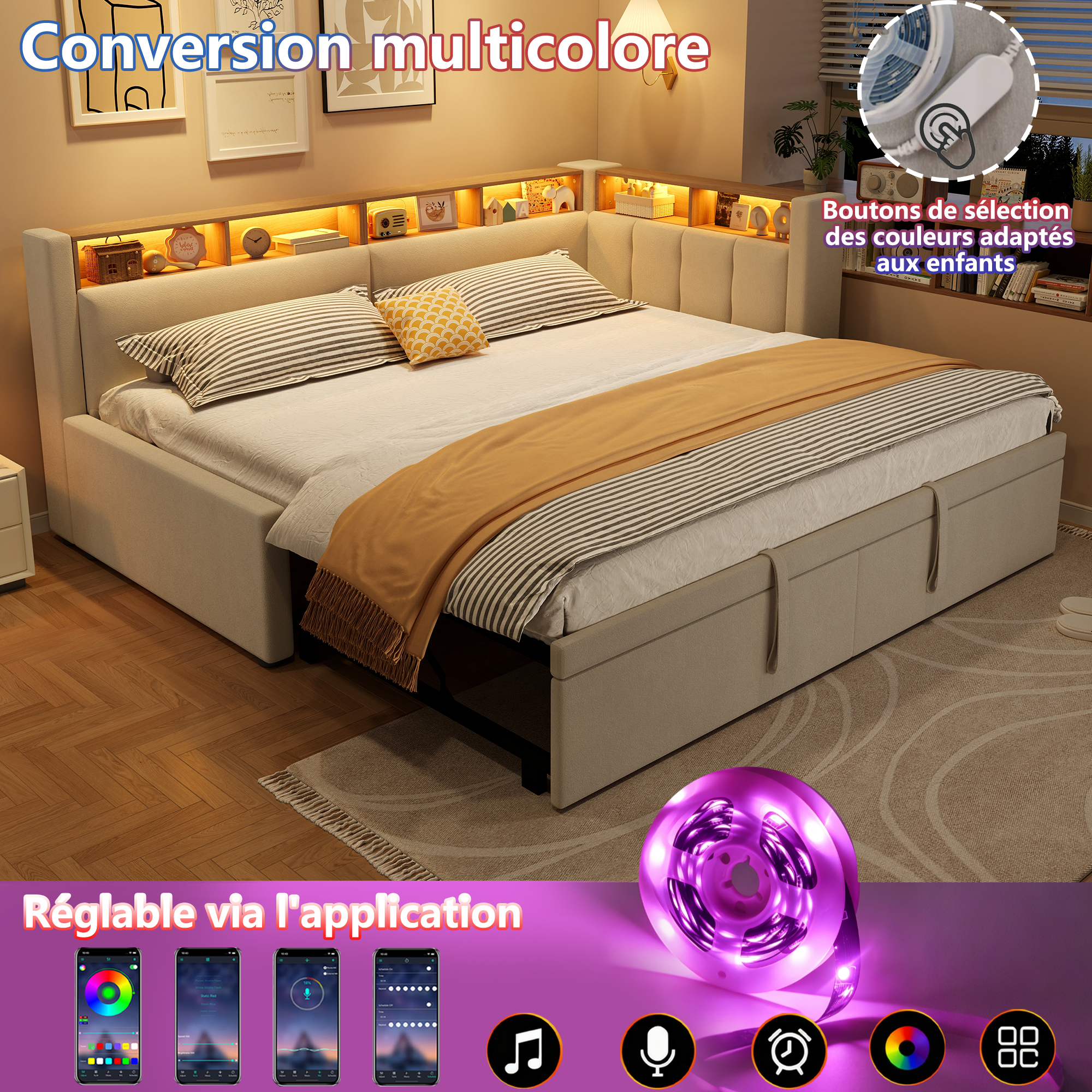 Lit de Jour Convertible 90×200 cm – Lin de Qualité, LED et Rangement Intégré – Dimensions et caractéristiques du couchage