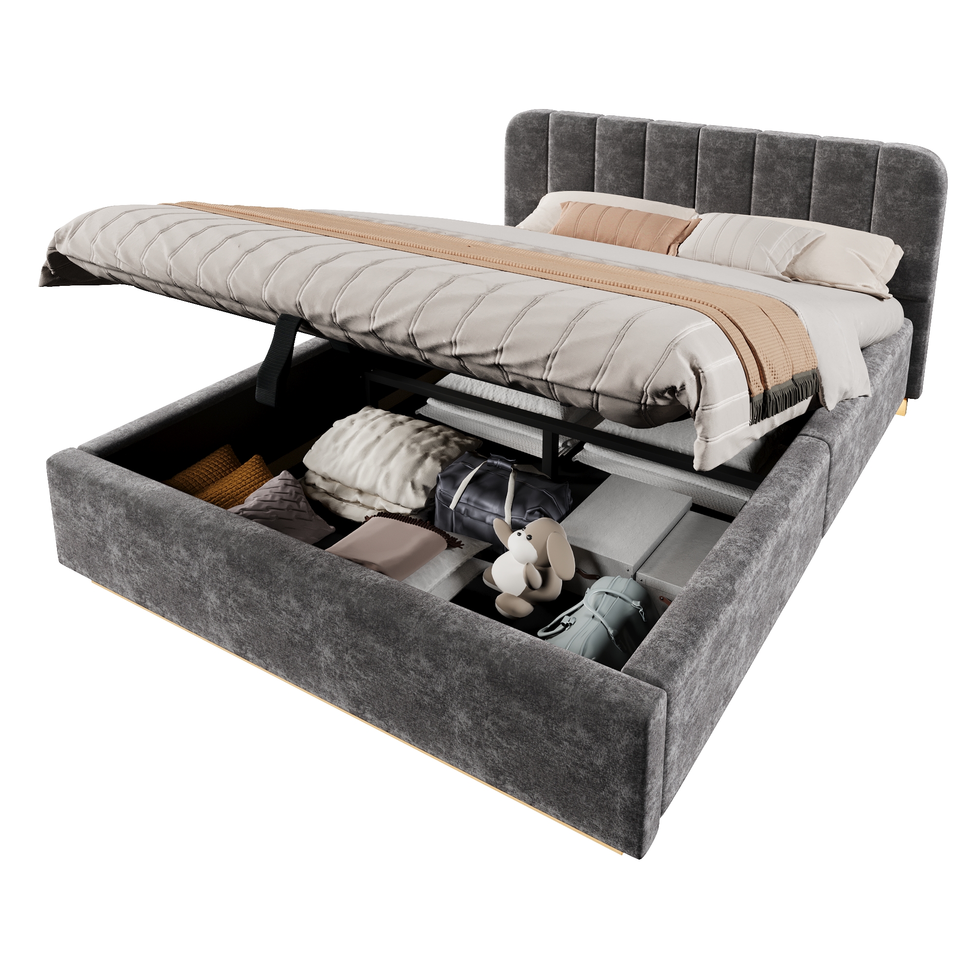 Détails de Lit coffre rembourré en chenille 140 x 200 cm avec rangement hydraulique, LED et sommier à lattes, Gris, sans matelas
