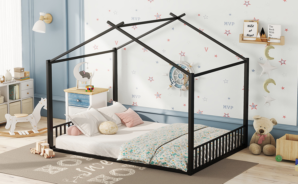 Lit mezzanine enfant en métal en forme de maison noir, pour chambre d'enfant, design unique, espace de jeu, style moderne, facile montage, stabilité, sécurité, utilisation polyvalente, décoration - image 18