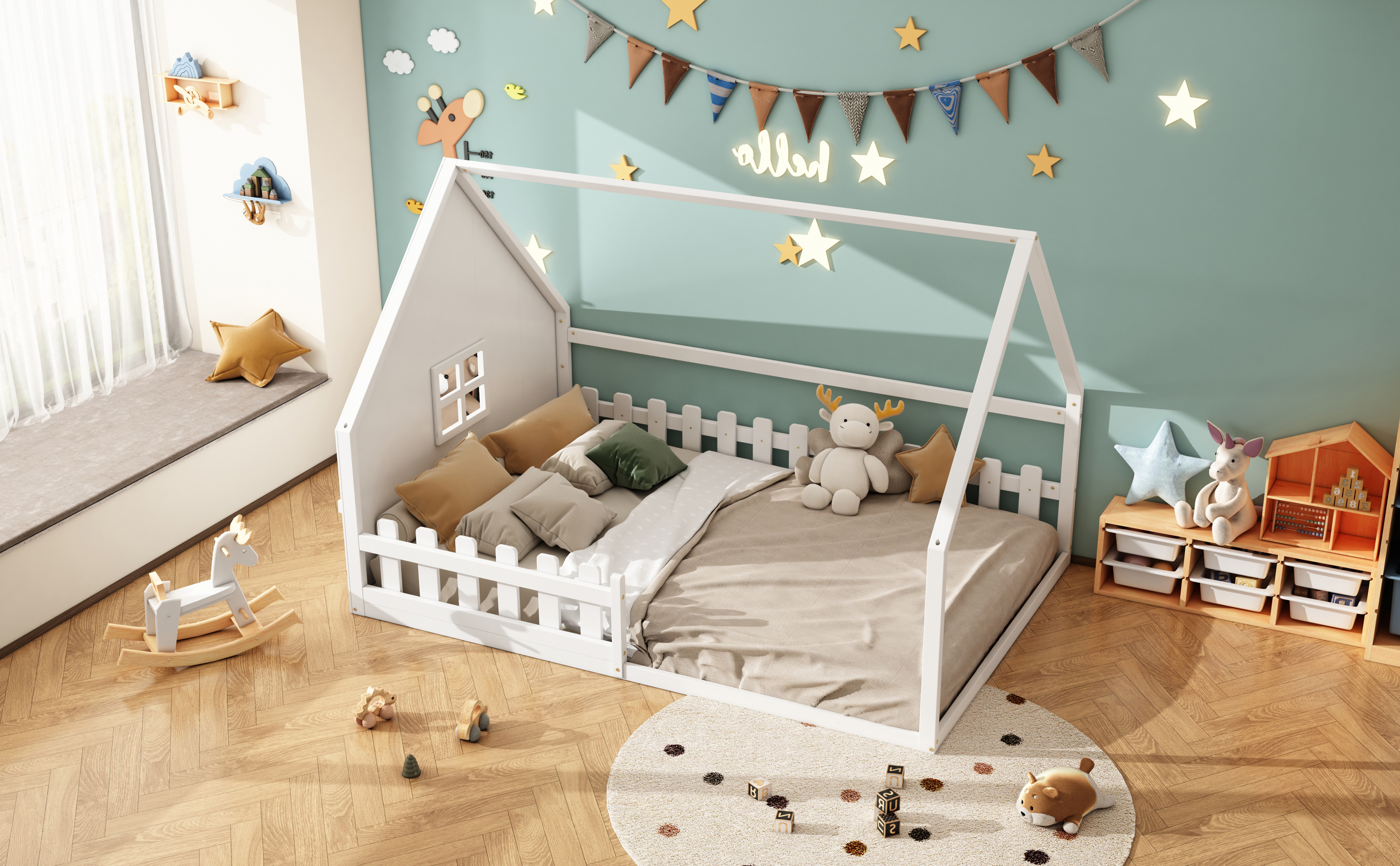 Lit enfant maison de rêve en pin et MDF, design maison miniature, pour chambre d'enfant, stimule imagination, construction stable, style naturel moderne, sécurité et amusement, espace de jeu unique - image 10