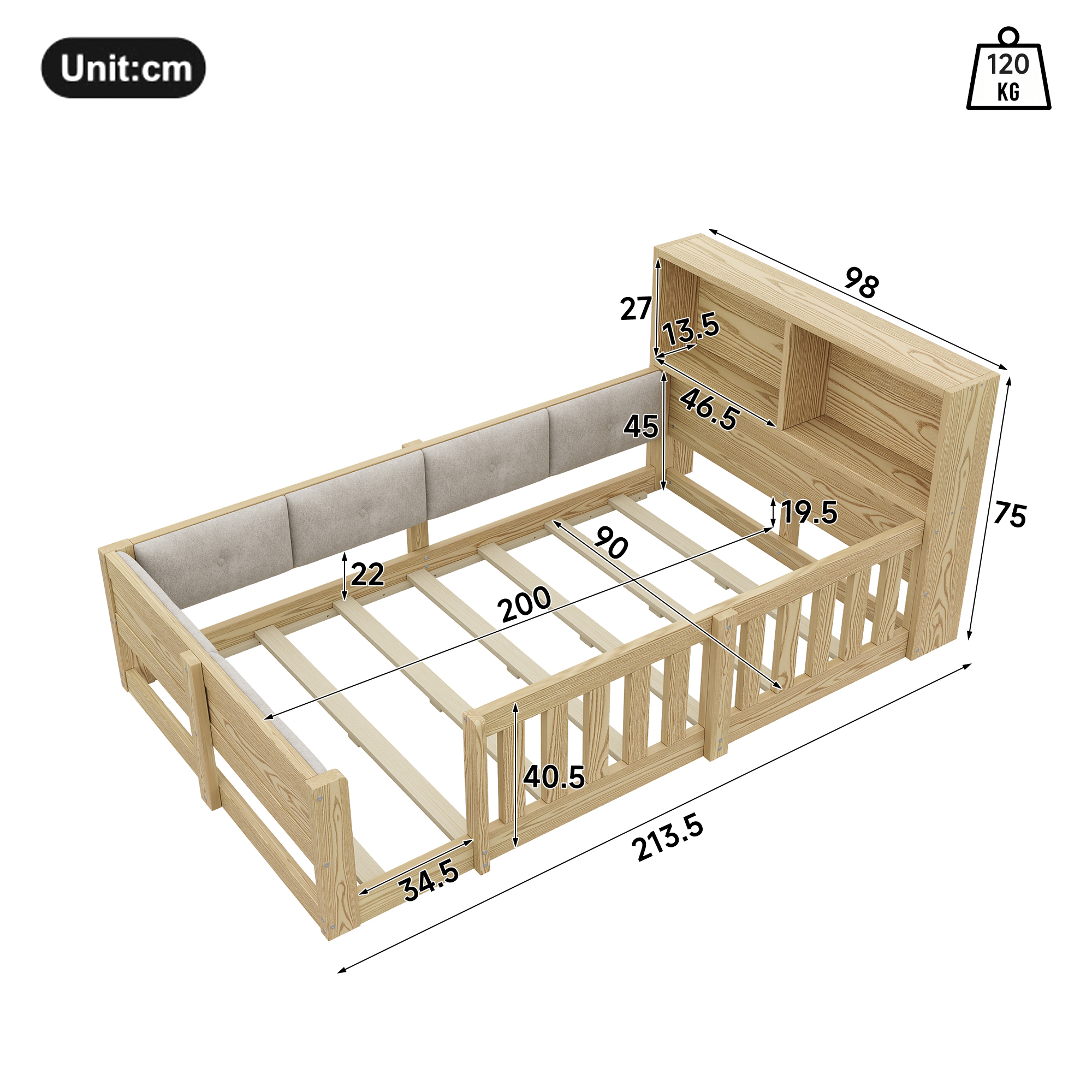 Dimensions et fonctions de Lit enfant 90 x 200 cm avec LED et protection rembourrée, Naturel, sans matelas