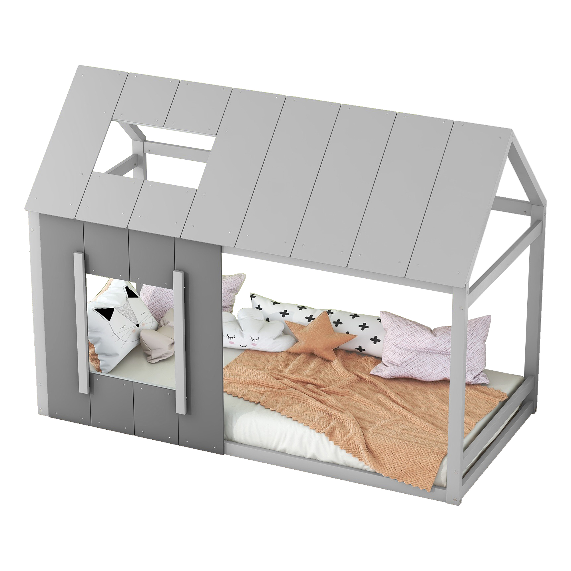 Lit enfant en forme de maison en pin et MDF, concept ouvert décorable, pour chambre d'enfant, design ludique, premier lit, stabilité, facile montage, style moderne, créativité, sécurité, durabilité, décoration - image 5