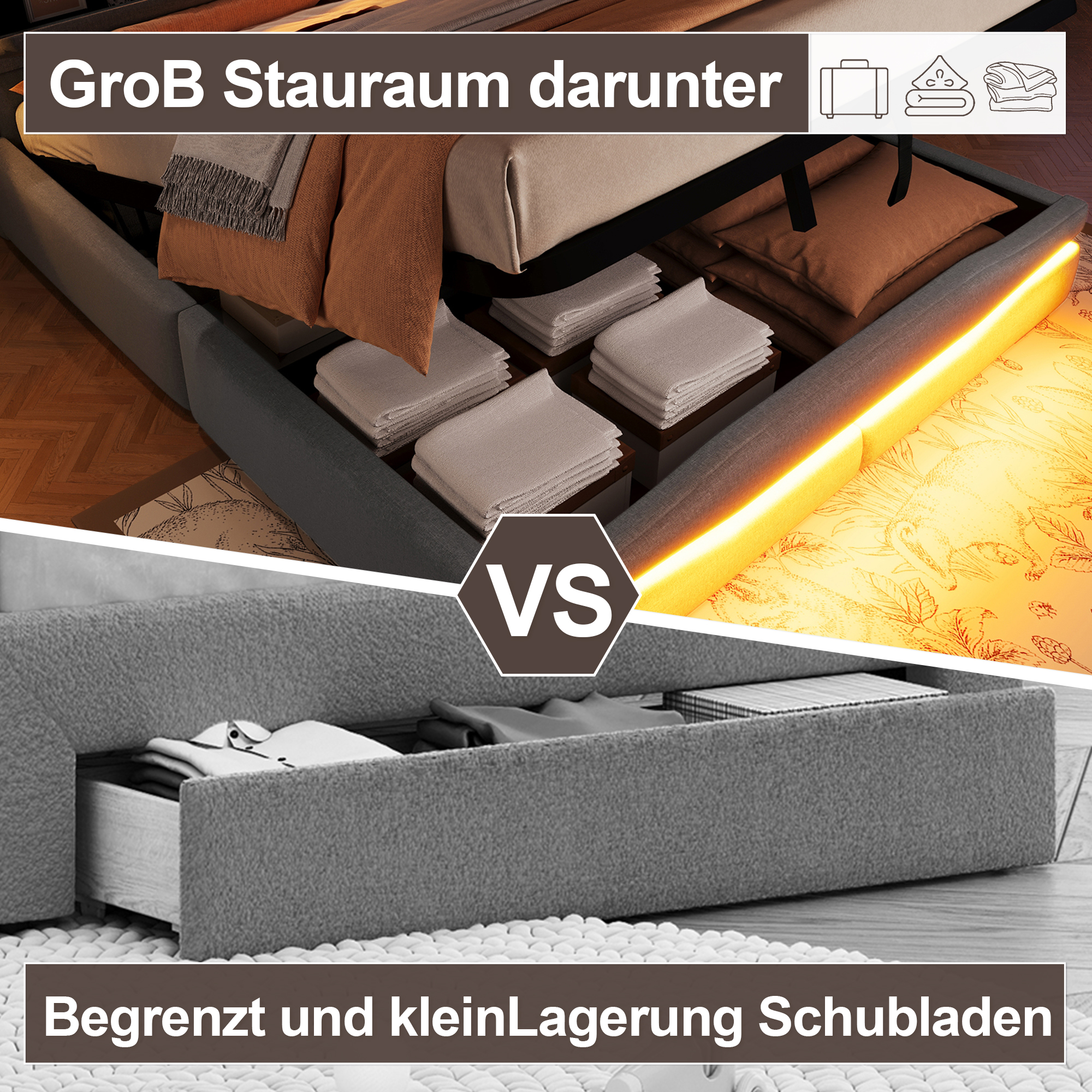 Lit design moderne gris avec éclairage LED