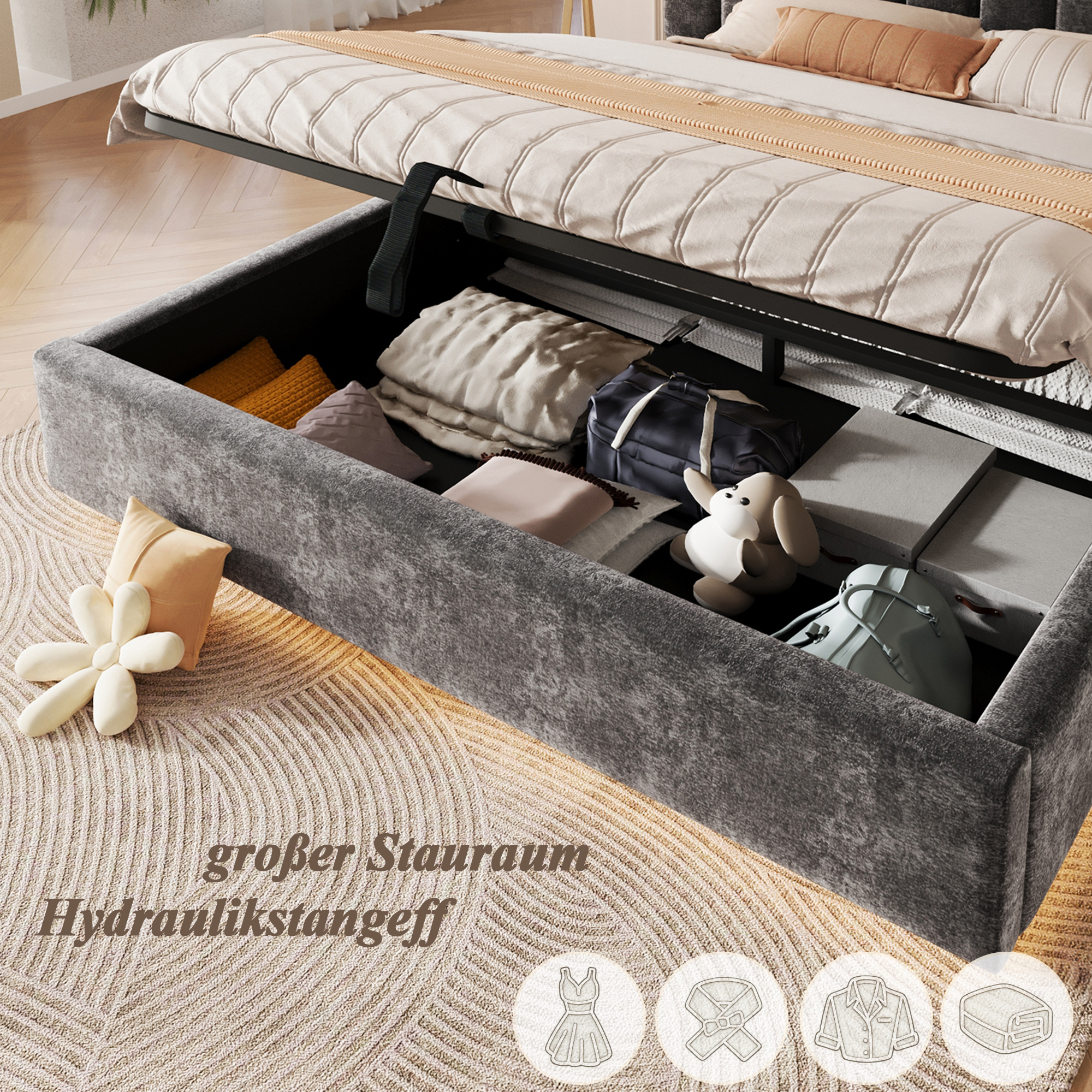 Présentation de Lit coffre rembourré en chenille 180 x 200 cm avec rangement hydraulique, LED et sommier à lattes, Gris, sans matelas