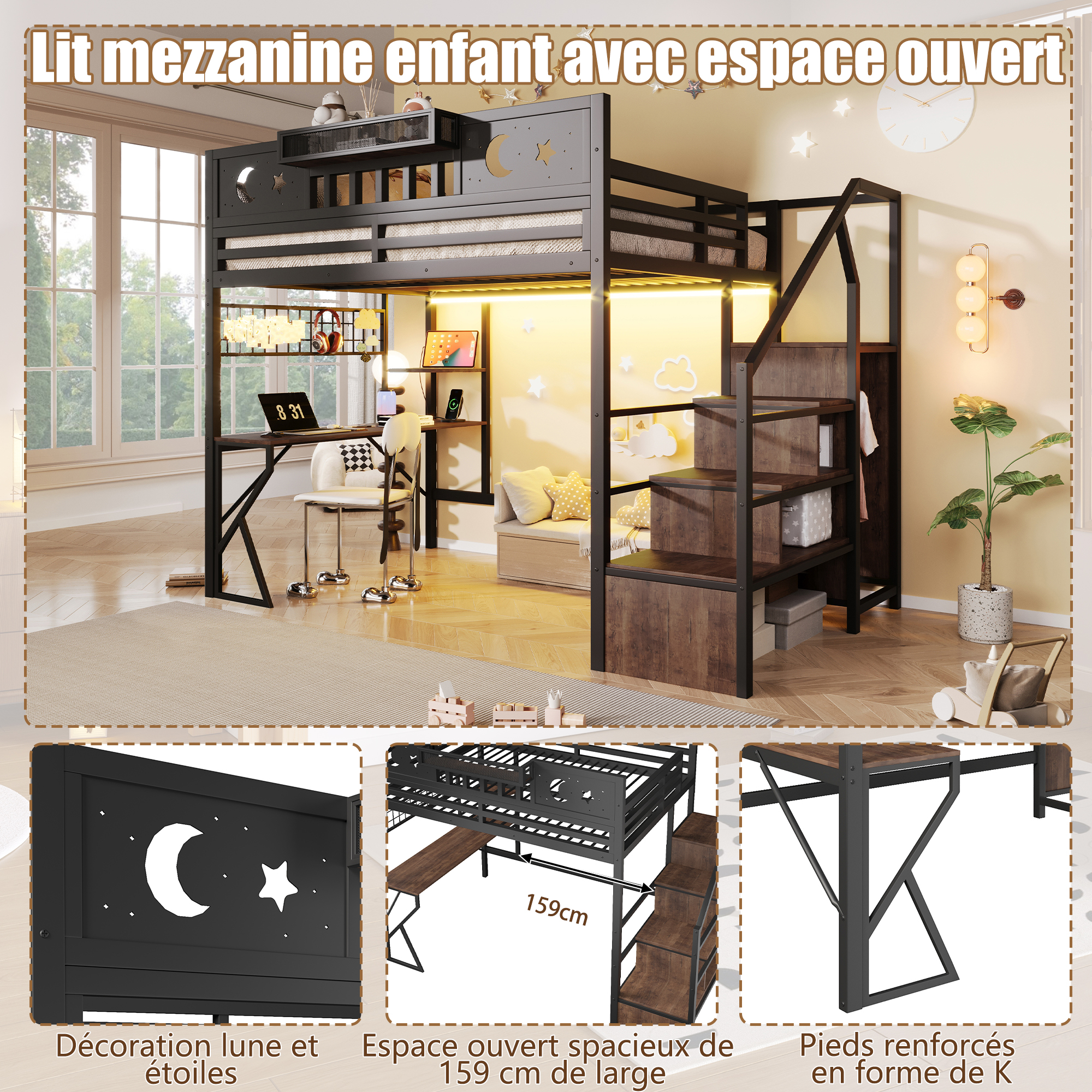 Lit mezzanine 140 x 200 cm, bureau intégré, échelle, éclairage LED au niveau du bureau, prise intégrée, métal et MDF, noir, 255 x 159 x 187 cm - points forts 1