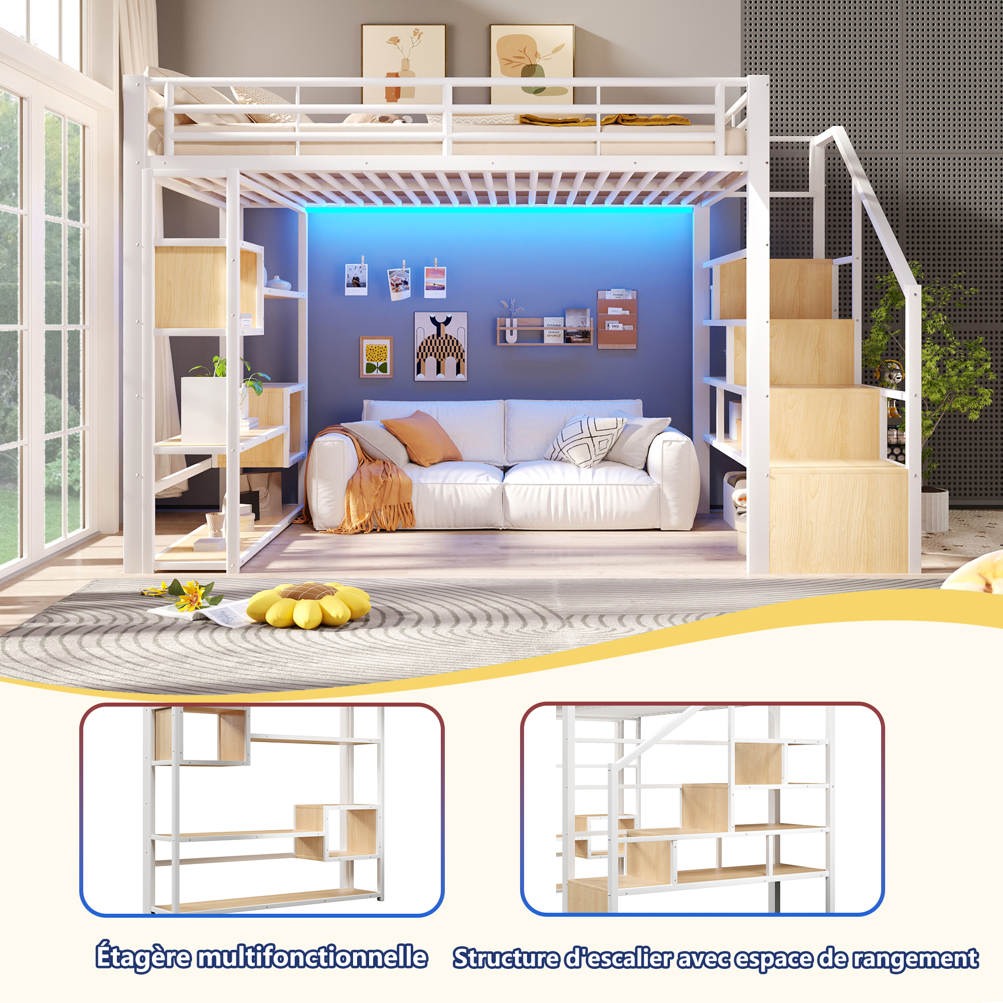 Lit mezzanine 140 x 200 cm avec éclairage LED, rangements intégrés, blanc - spécifications 1