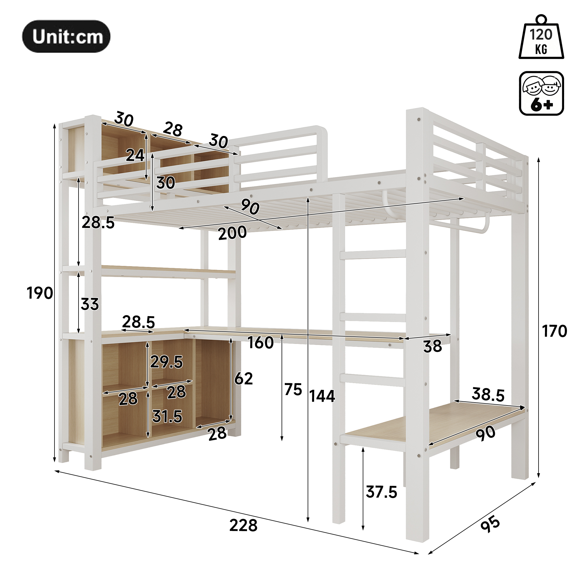Dimensions et fonctions de Lit mezzanine en métal 90 x 200 cm avec bureau, penderie, rangements et espace inférieur ouvert, Blanc, sans matelas