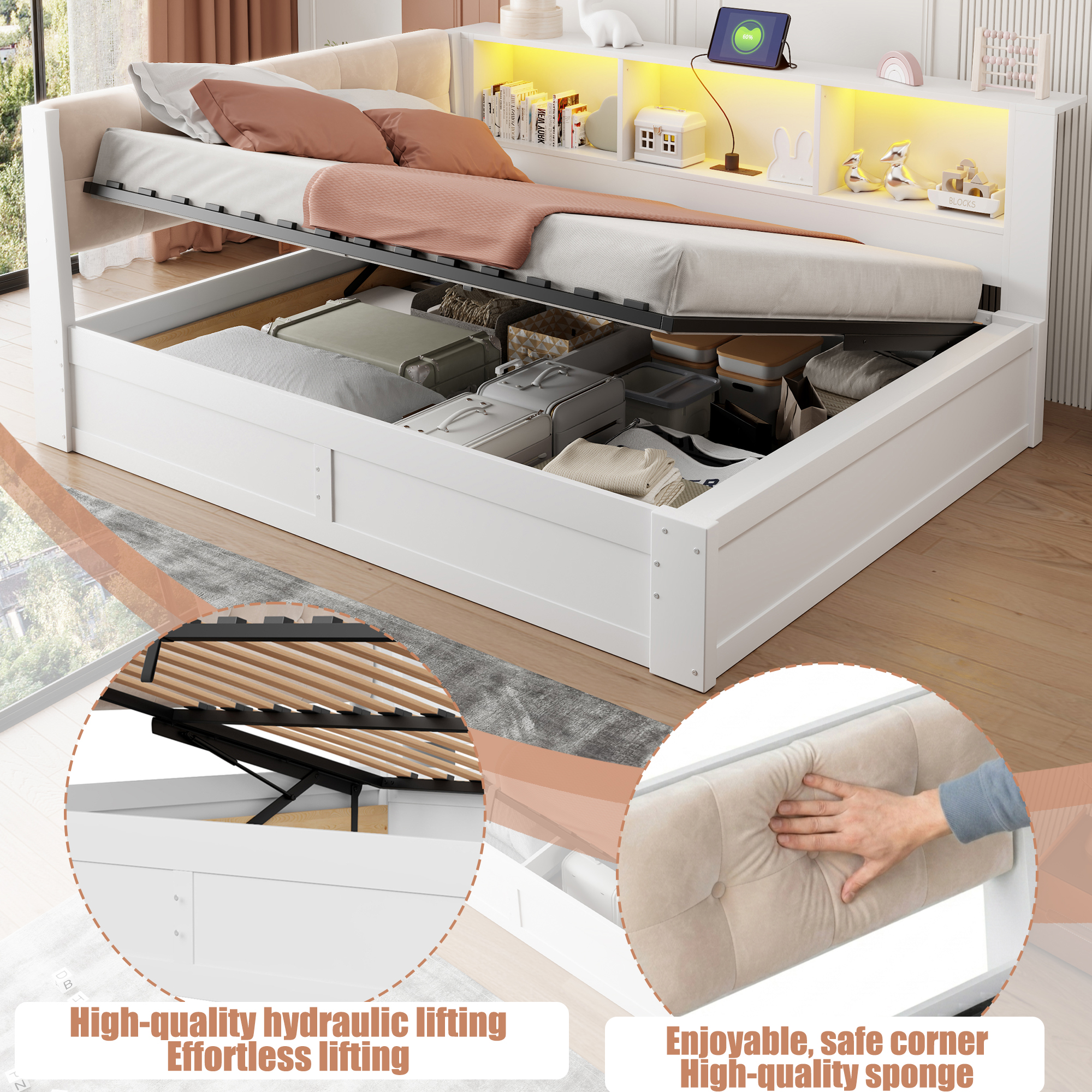 Canapé convertible, ports USB, éclairage led, intensité réglable, prises et recharge intégrées, 209 x 165 x 83 cm, tissu effet lin et bois, blanc - vue 8