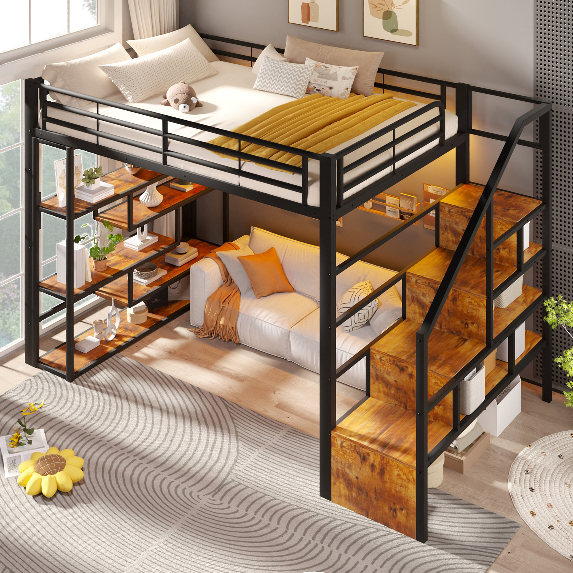 Lit mezzanine 140 x 200 cm, escalier, éclairage LED sous le couchage, garde-corps, rangements intégrés, métal et MDF, noir, 252 x 145 x 170 cm - vue principale 1