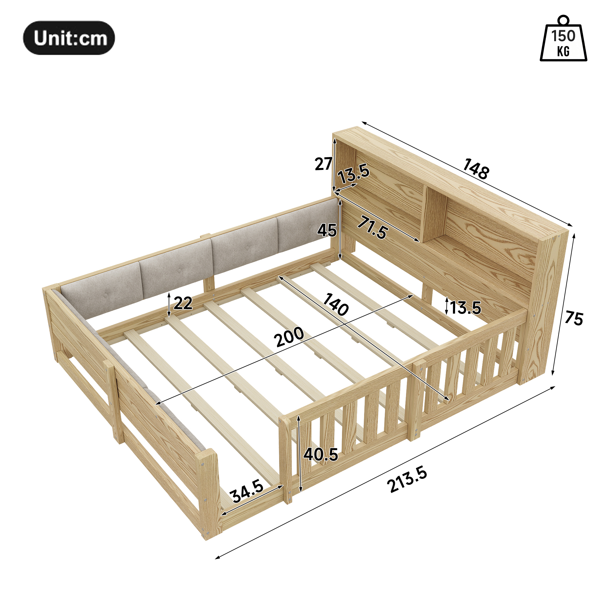 Dimensions et fonctions de Lit enfant 140 x 200 cm avec LED et protection rembourrée, Naturel, sans matelas
