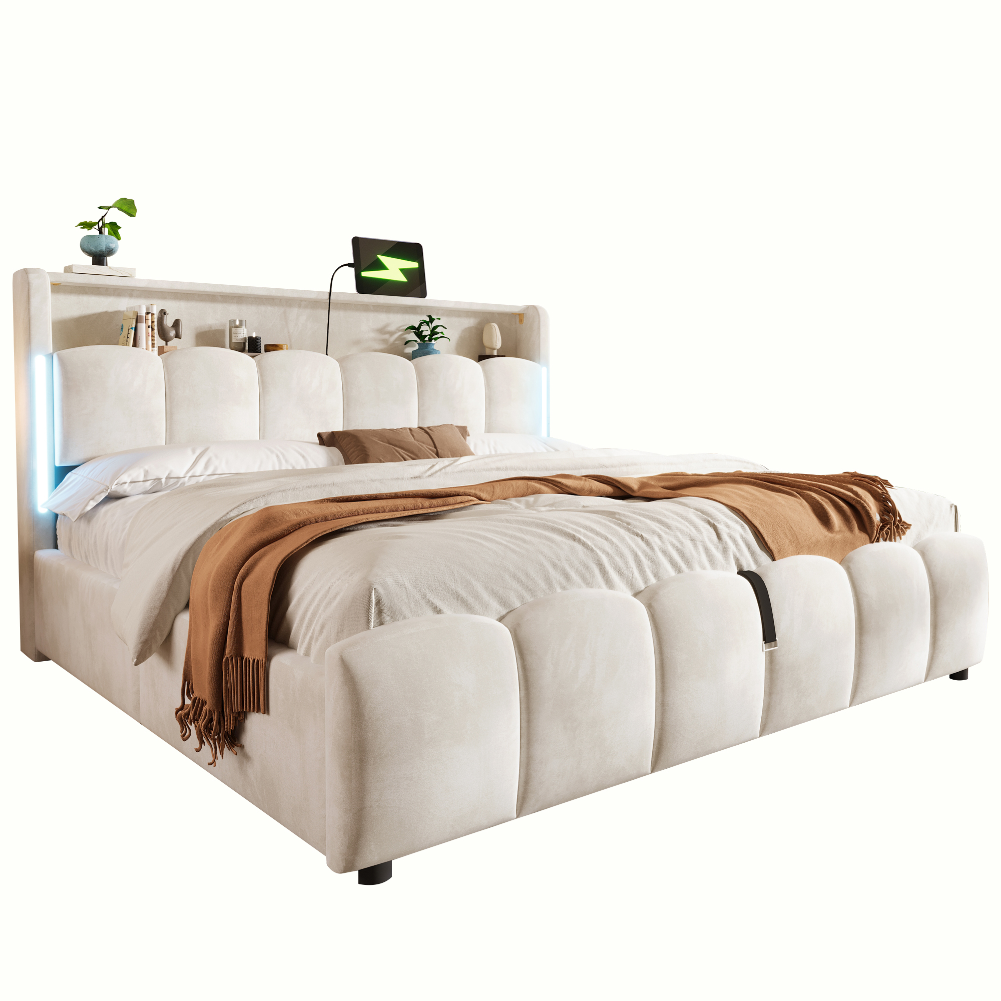 Détails de Lit coffre rembourré en velours 180 x 200 cm avec rangement hydraulique, LED, ports USB-C et tête de lit avec rangement, Beige, sans matelas