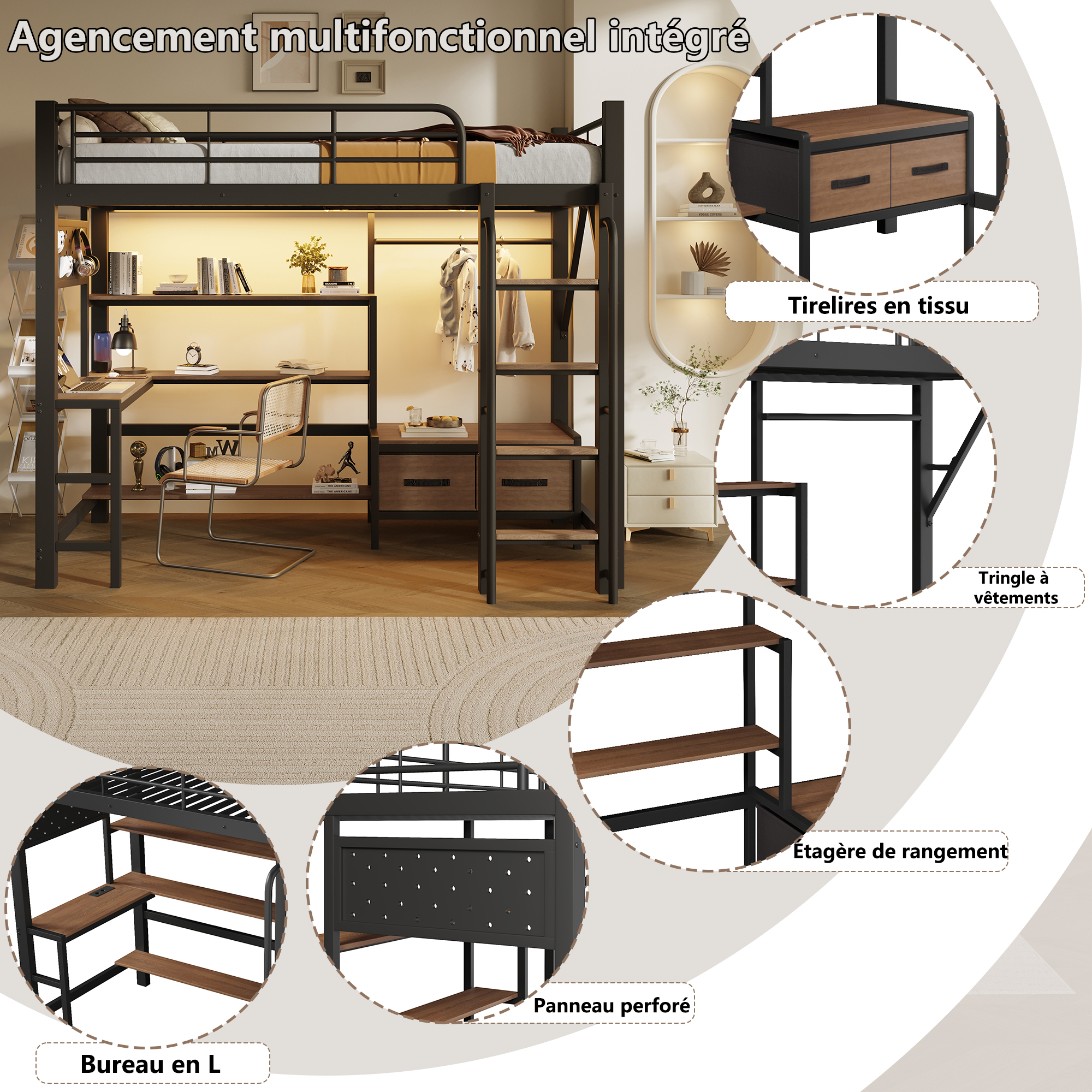 Lit mezzanine 90 x 200 cm avec éclairage LED, port USB / Type-C, prises intégrées, rangements intégrés, bureau intégré, noir - spécifications 1