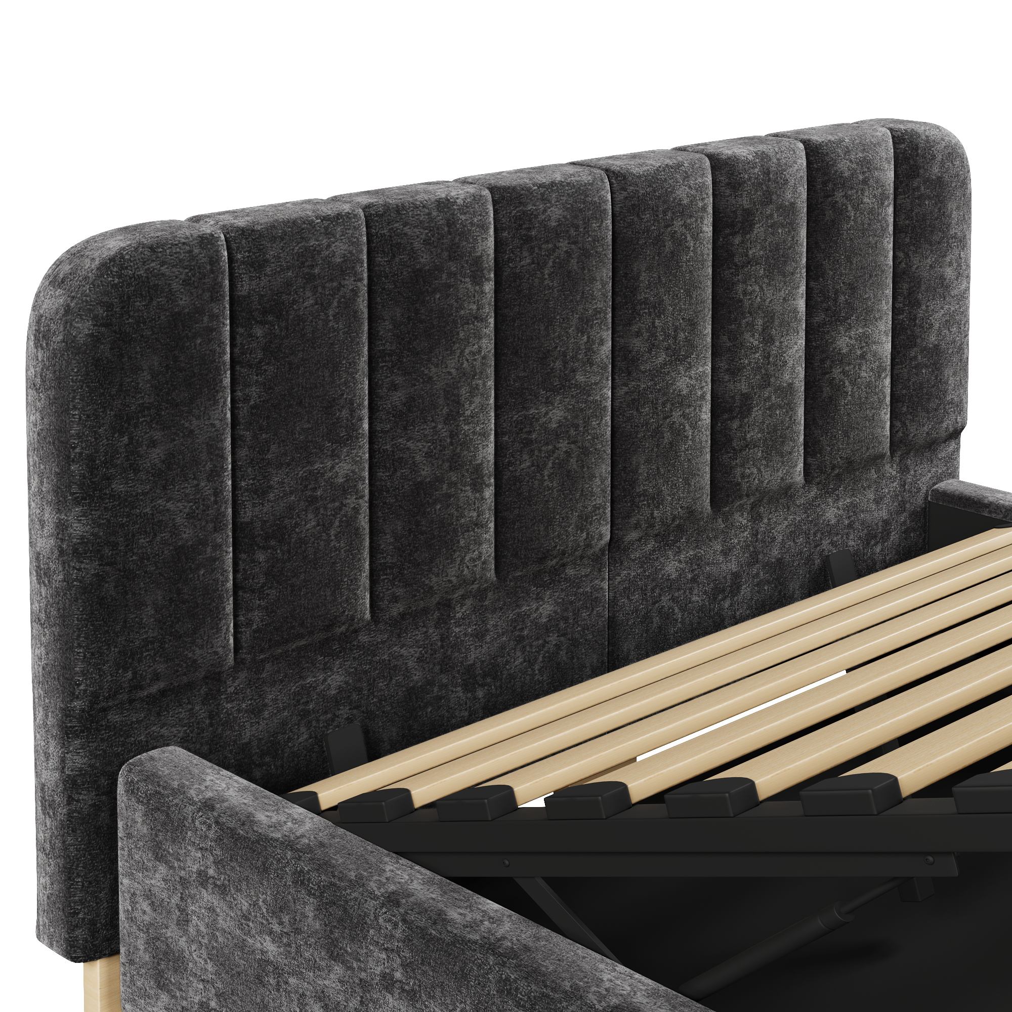 Présentation de Lit coffre rembourré en chenille 140 x 200 cm avec rangement hydraulique, LED et sommier à lattes, Gris, sans matelas