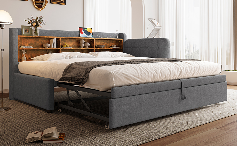 Lit en chanvre et MDF avec escamotable 180×200 cm, USB + Type-C, tête à boutons faite main, style rétro, pour petit appartement, matériau écologique, couchage spacieux, recharge au lit, design élégant, confort, fonctionnalité - image 21