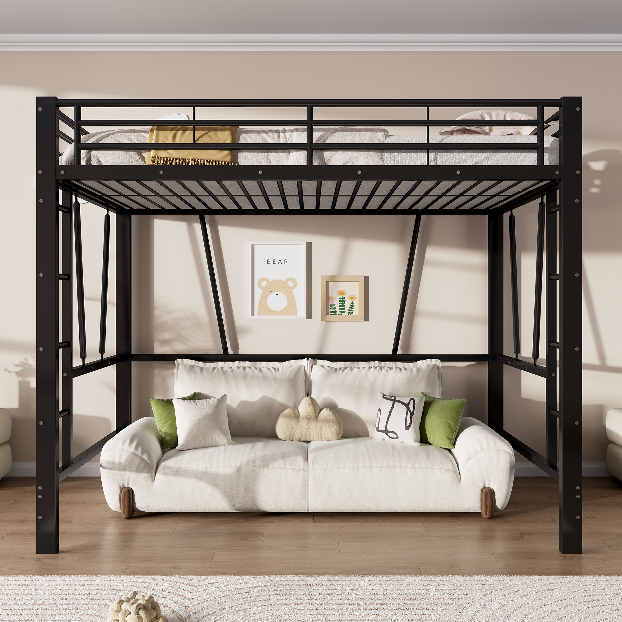 Lit mezzanine en métal 140 x 200 cm avec double échelle, rangements, espace inférieur ouvert et barrières de sécurité, Noir, sans matelas
