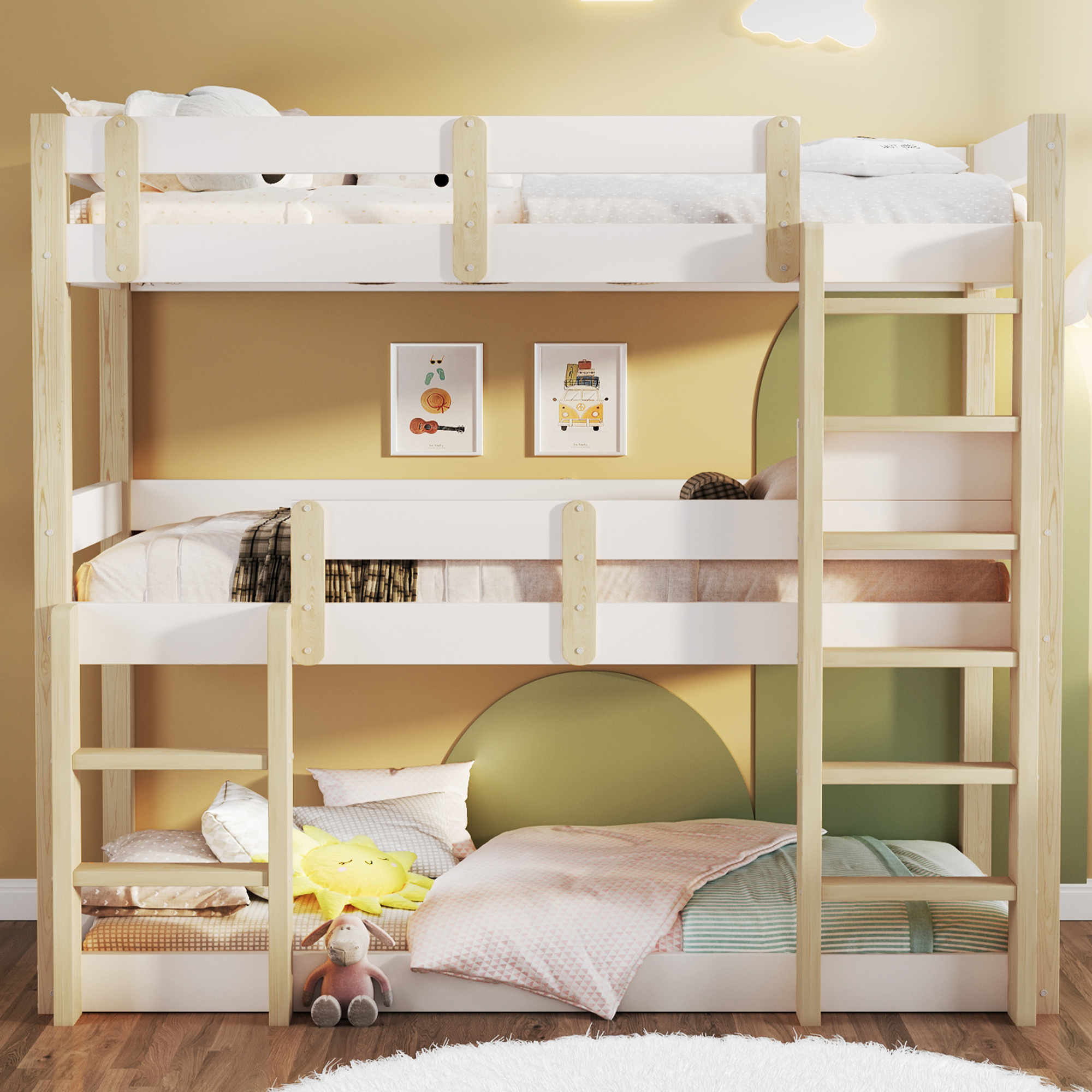 Lit superposé triple 90 x 190 cm style cabane avec doubles échelles, étagères latérales et finition blanc et bois naturel