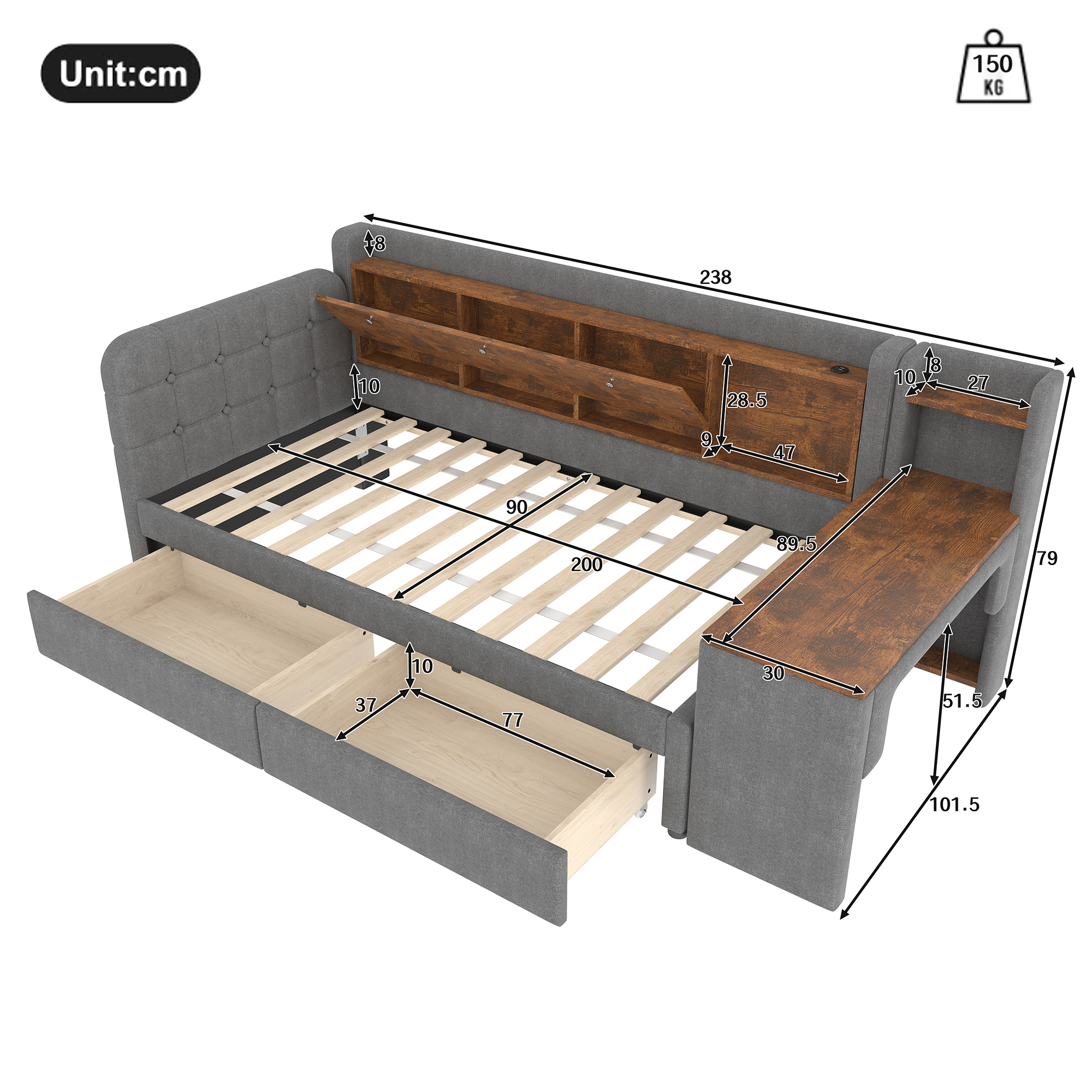 Lit en chanvre et MDF, rangement avec couvercle rabattable et étagère, bureau flexible, pour chambre, matériau écologique respirant, design intelligent, beaucoup de stockage, style naturel, durabilité - image 5