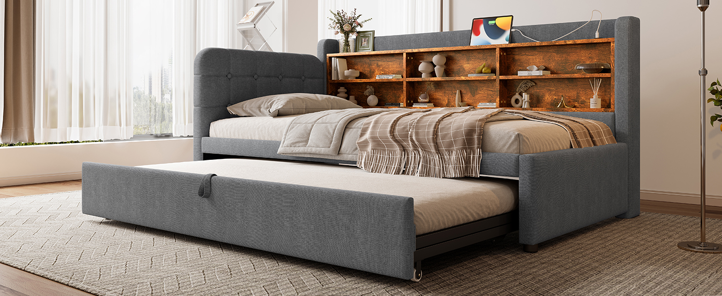 Lit en chanvre et MDF avec escamotable 180×200 cm, USB + Type-C, tête à boutons faite main, style rétro, pour petit appartement, matériau écologique, couchage spacieux, recharge au lit, design élégant, confort, fonctionnalité - image 25
