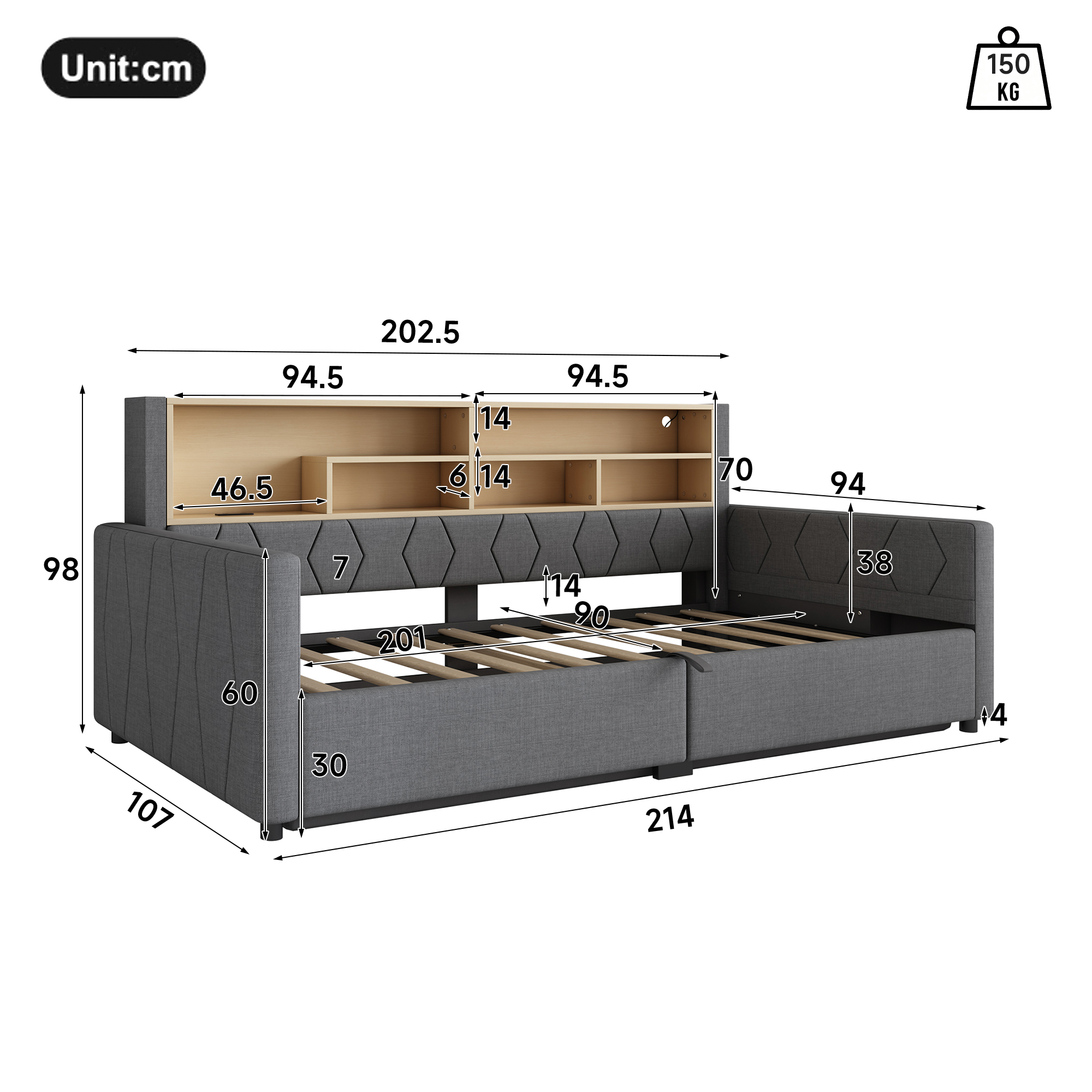 Détails du coffre hydraulique et des rangements du lit banquette 90x200 cm