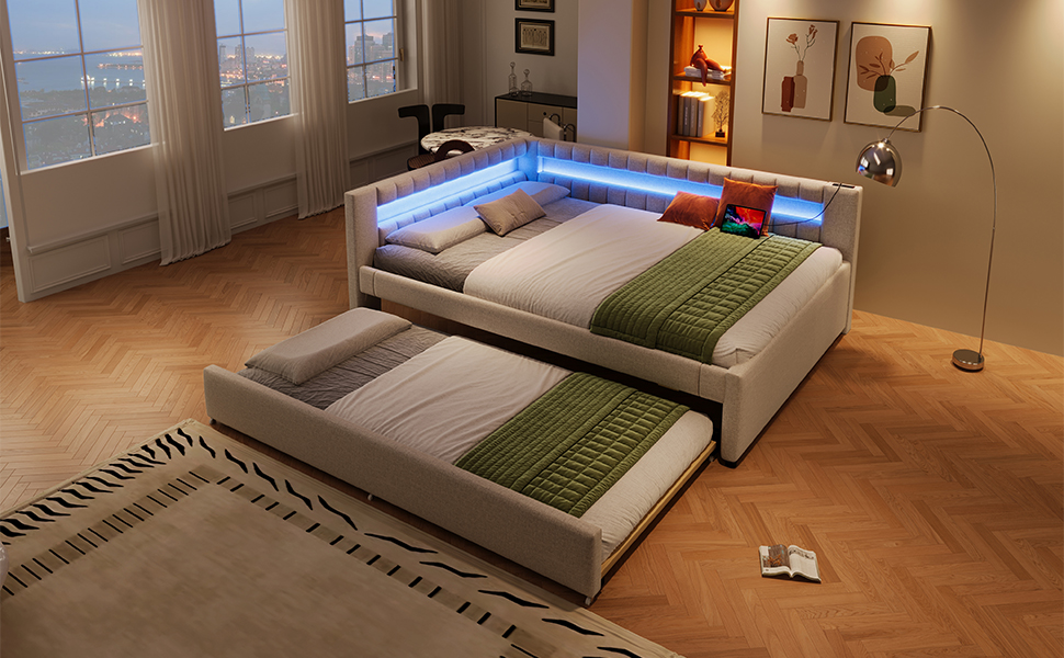 Lit en lin et MDF avec LED contrôlable tactile/app, USB + Type-C, lit escamotable, pour chambre, ambiance romantique, recharge multiple, utilisation flexible, design moderne, confort et technologie, style élégant - image 14