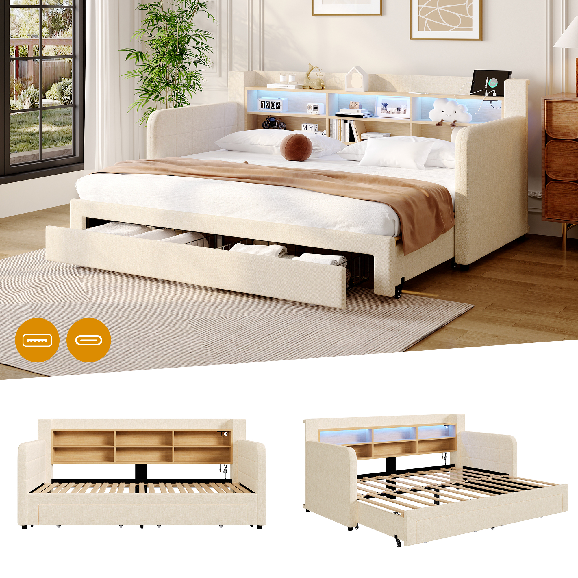 Lit banquette gigogne – Revêtement en velours et finition beige