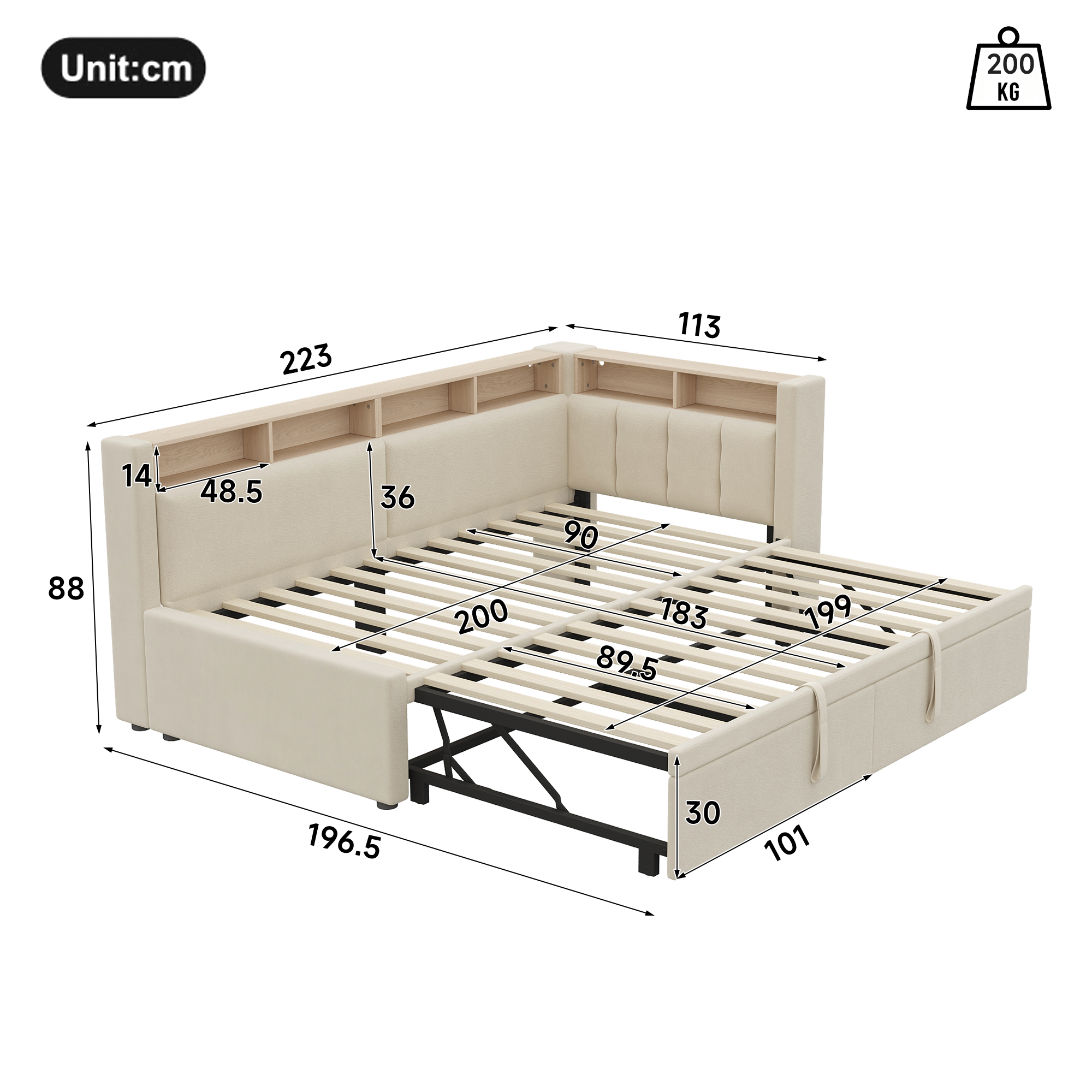 Lit de Jour Convertible 90×200 cm – Lin de Qualité, LED et Rangement Intégré – Tête de lit d’angle rembourrée en L avec compartiments