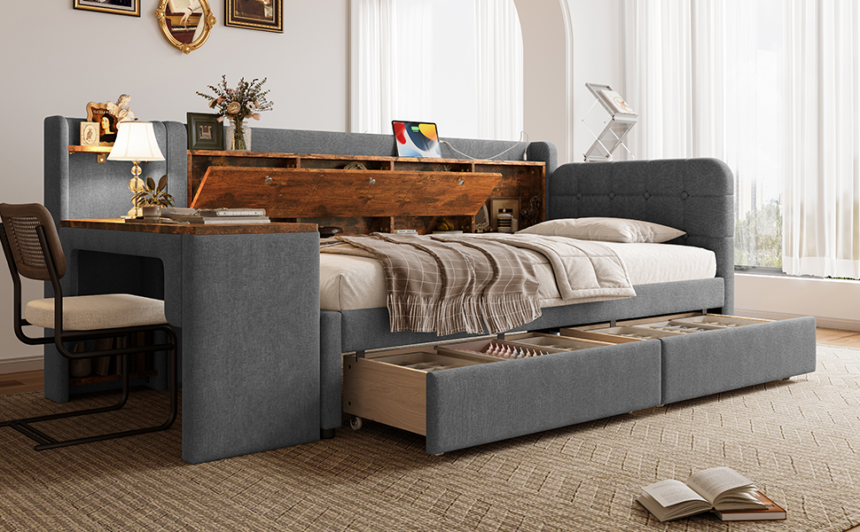 Lit en chanvre et MDF, rangement avec couvercle rabattable et étagère, bureau flexible, pour chambre, matériau écologique respirant, design intelligent, beaucoup de stockage, style naturel, durabilité - image 15