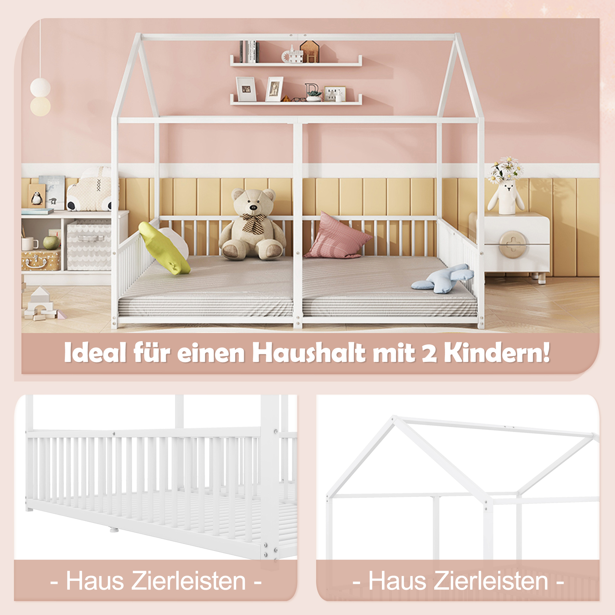 Lit jumeaux enfant en fer 2×90×200 cm en forme de maison, barrières sécurité, pour famille avec 2 enfants, design créatif, indépendance de couchage, stabilité, sécurité, style ludique, décoration - image 2