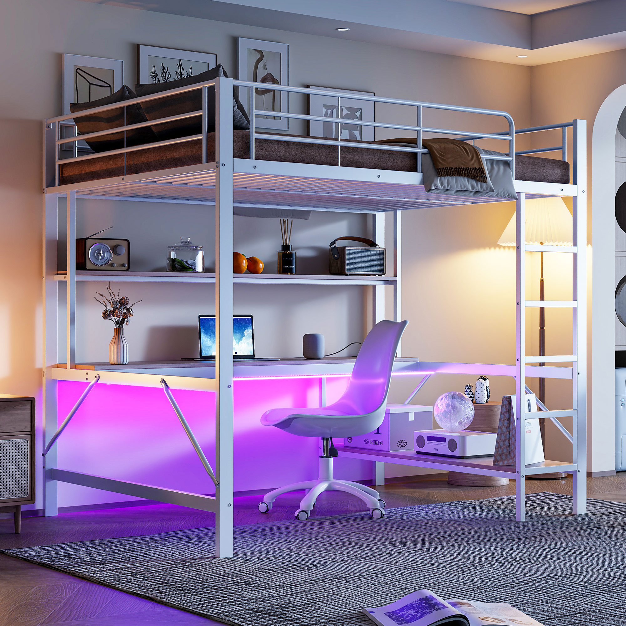 Lit enfant fer et MDF avec LED 7 couleurs contrôlable app, pour chambre d'enfant, structure stable, ambiance lumineuse personnalisable, design ludique, sécurité, durabilité, style fonctionnel moderne - image 2