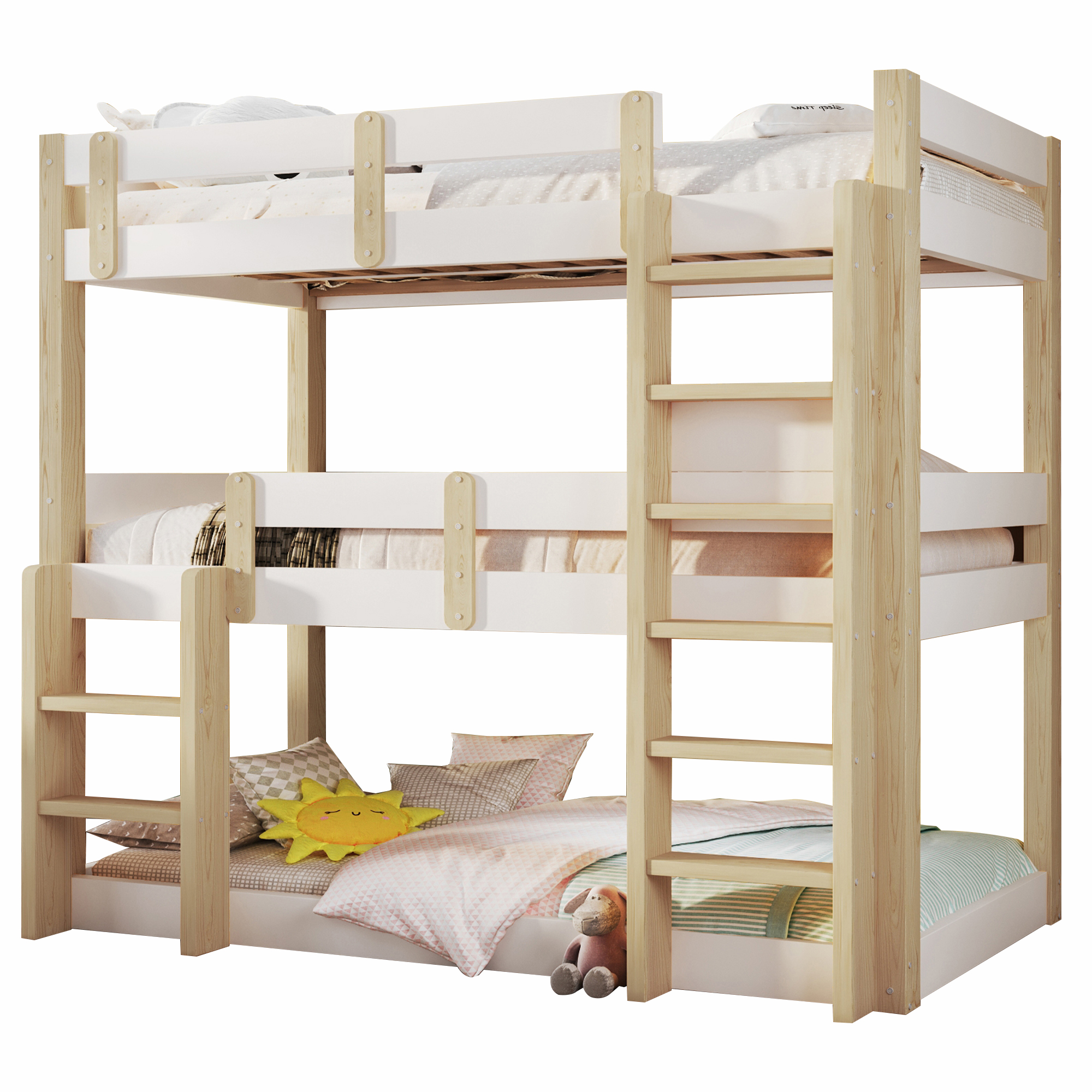 Dimensions et détails du lit superposé triple 90 x 190 cm style cabane avec doubles échelles, étagères latérales et finition blanc et bois naturel
