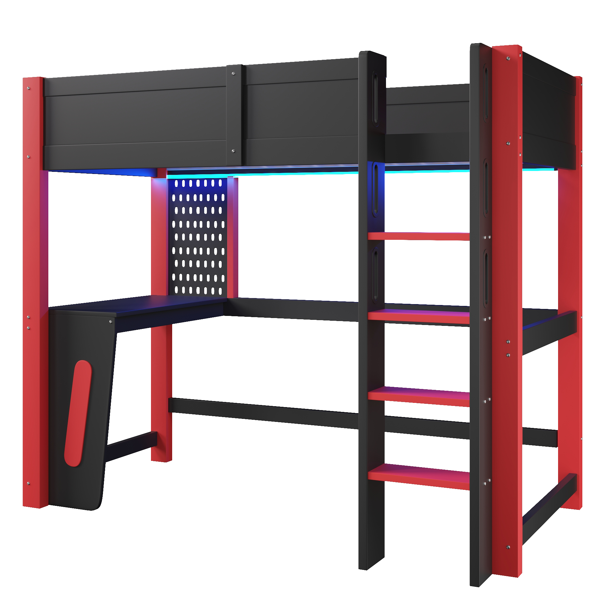 Lit mezzanine 90 x 200 cm avec bureau, LED, MDF et pin, Noir - vue complémentaire