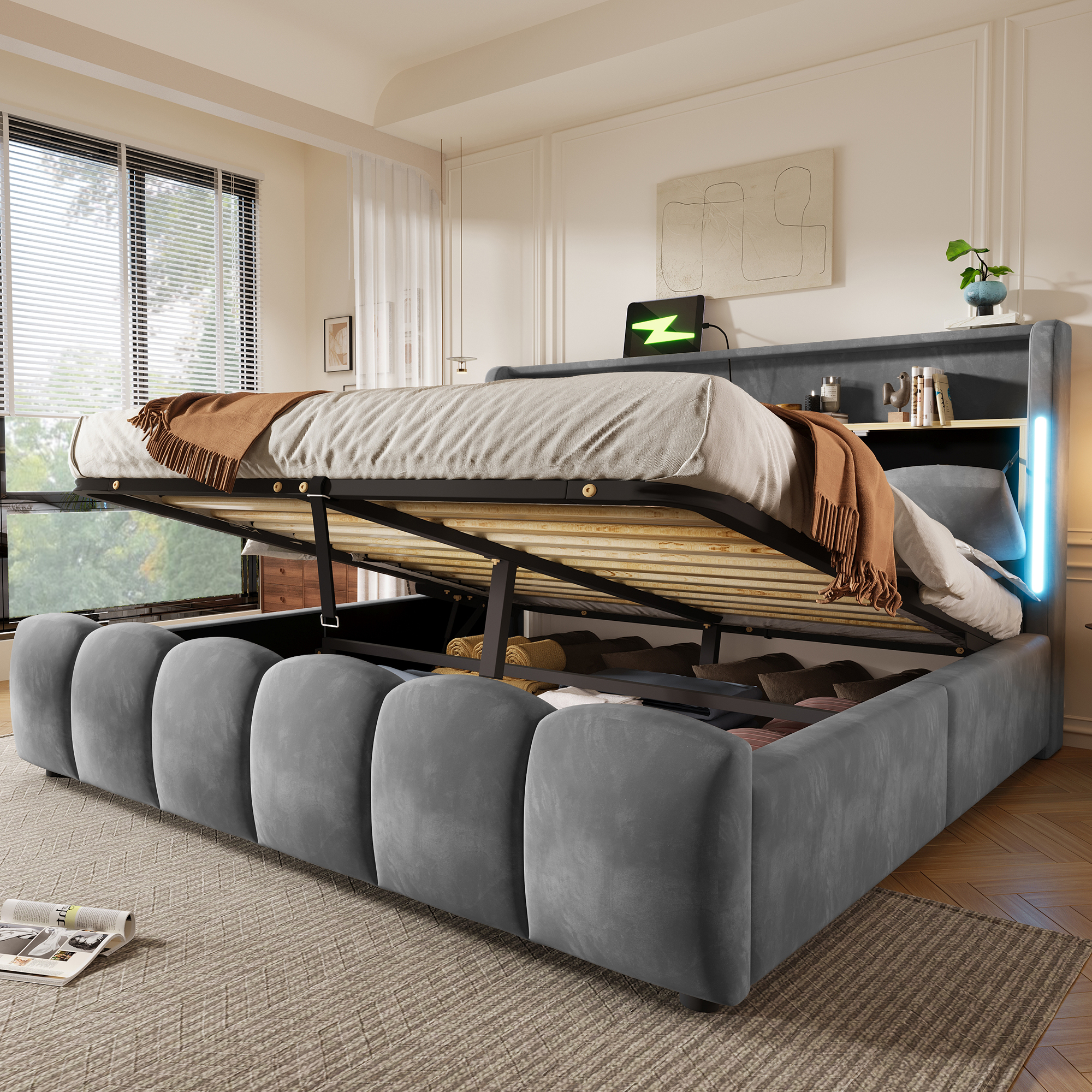 Lit coffre rembourré en velours 180 x 200 cm avec rangement hydraulique, LED, ports USB-C et tête de lit avec rangement, Gris, sans matelas